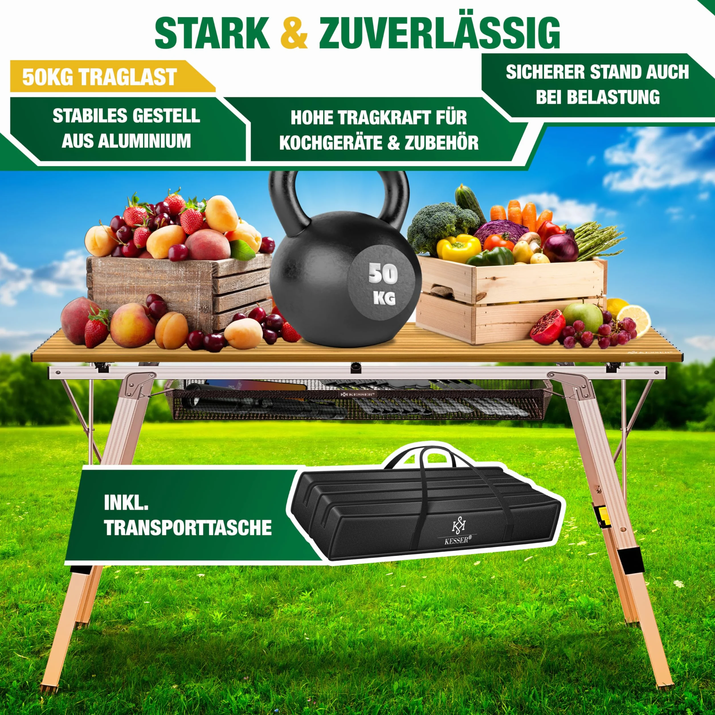 KESSER Table de camping pliable aluminium 120x70 cm réglable 100 kg avec sac de transport