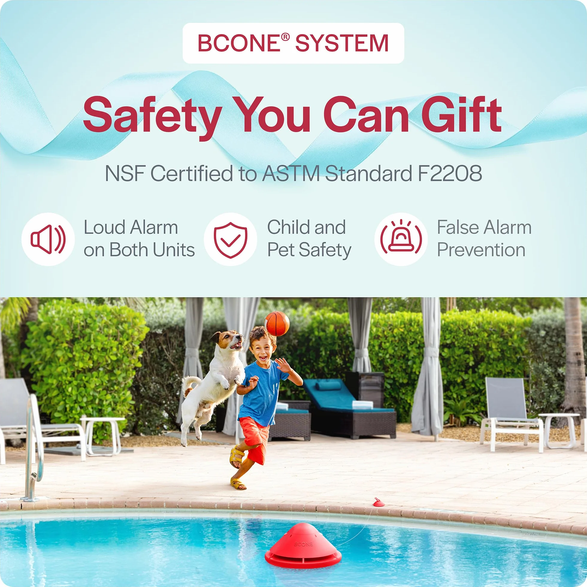 Lifebuoy BCone : Système d'alarme de sécurité Flottant pour Piscine avec bouée supplémentaire. Compatible Alexa et Google Assistant. Connectivité Wi-FI, contrôle par Application. Alarme puissante.