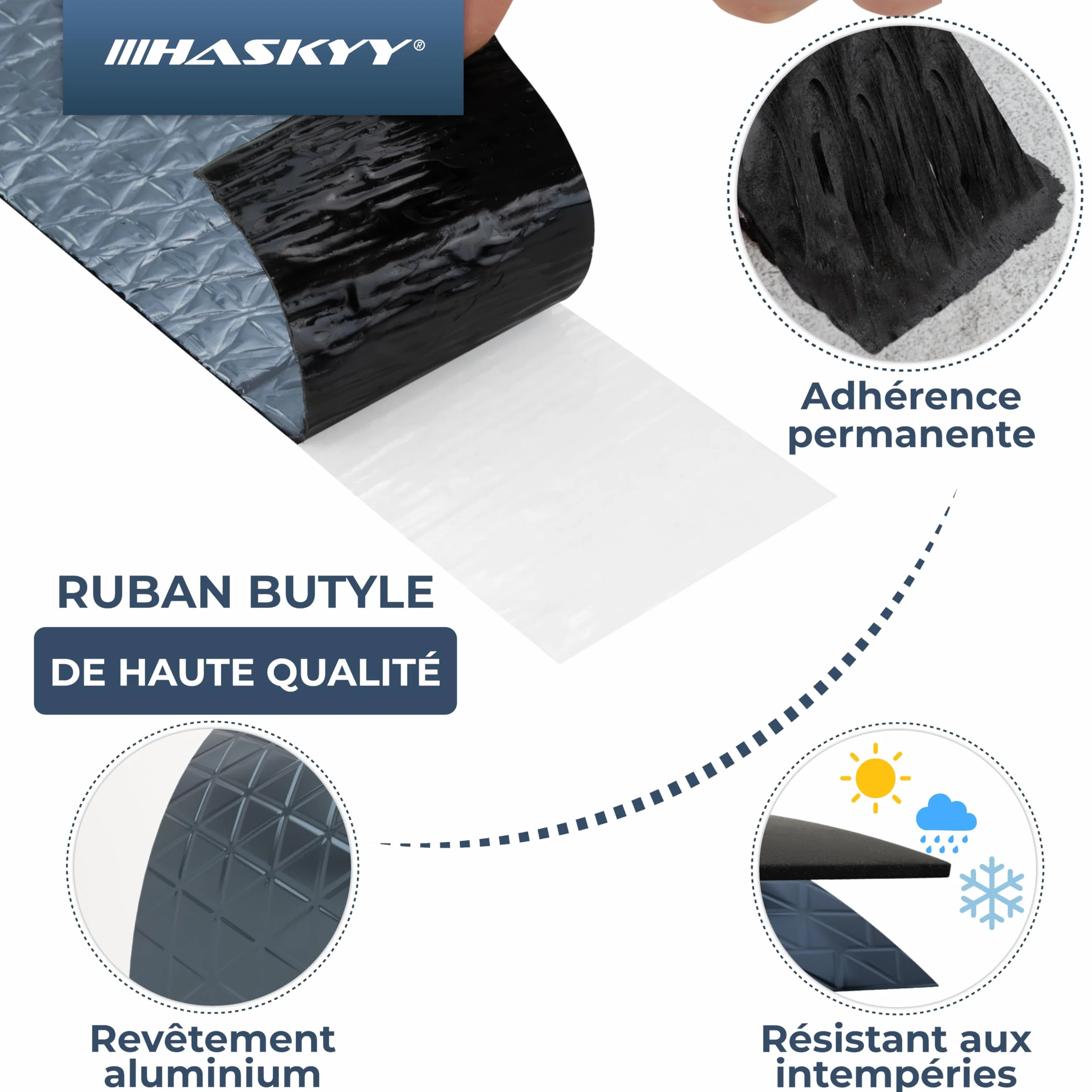 HASKYY Ruban adhésif étanche en butyle 50 mm x 10 m anthracite avec film aluminium résistant aux UV