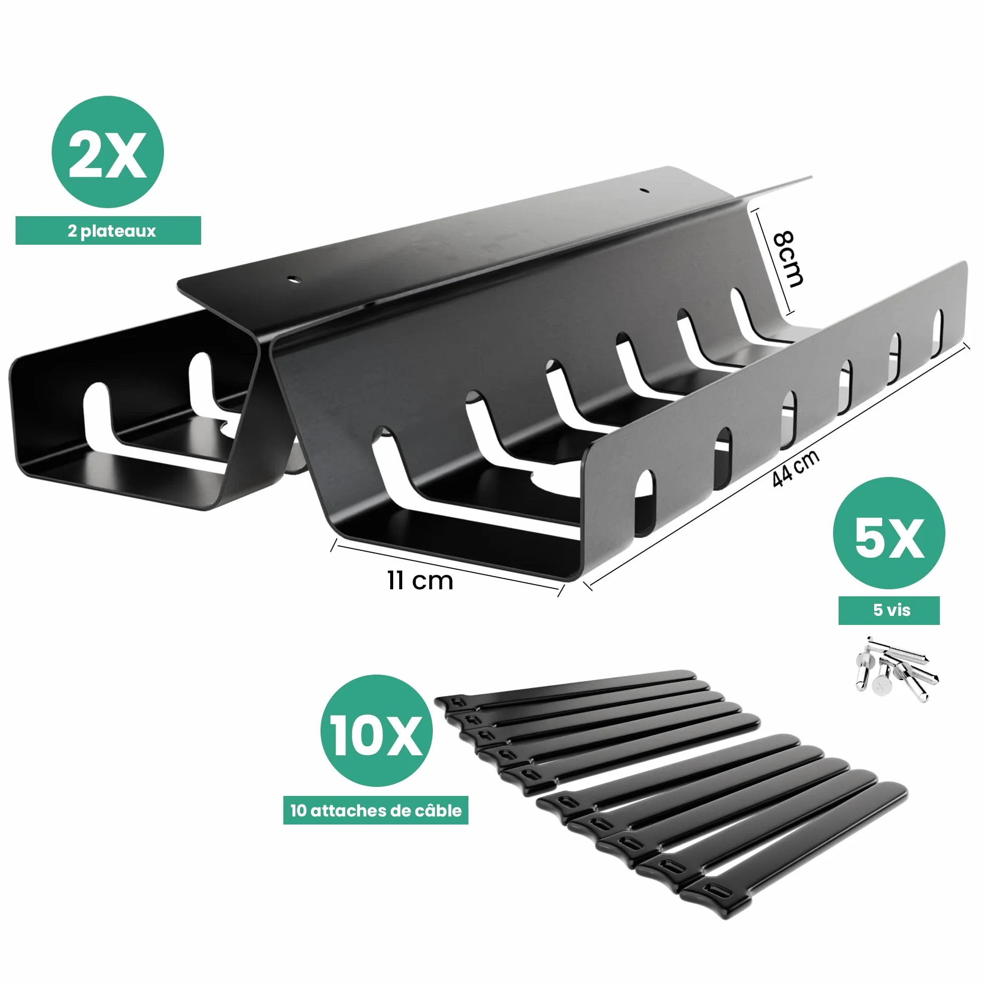 Chemin de câbles Organisateur sous Bureau Lot de 2 44cm x 11cm Cache câble Rangement câble Bureau métal Robuste