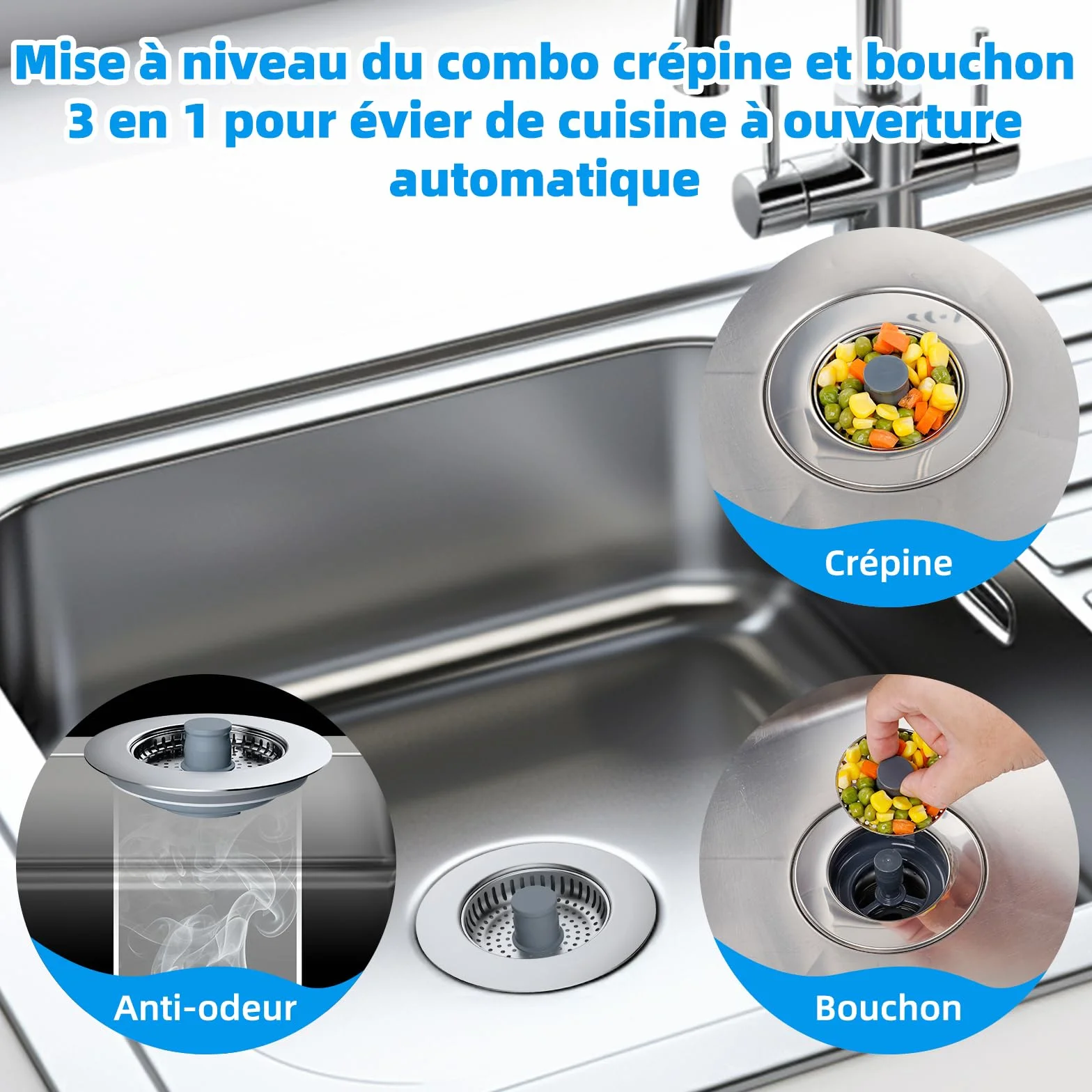 Hibbent Bouchon Evier Cuisine ABS avec Filtre INOX Anti-Blocage pour Évier Profondeur >22mm