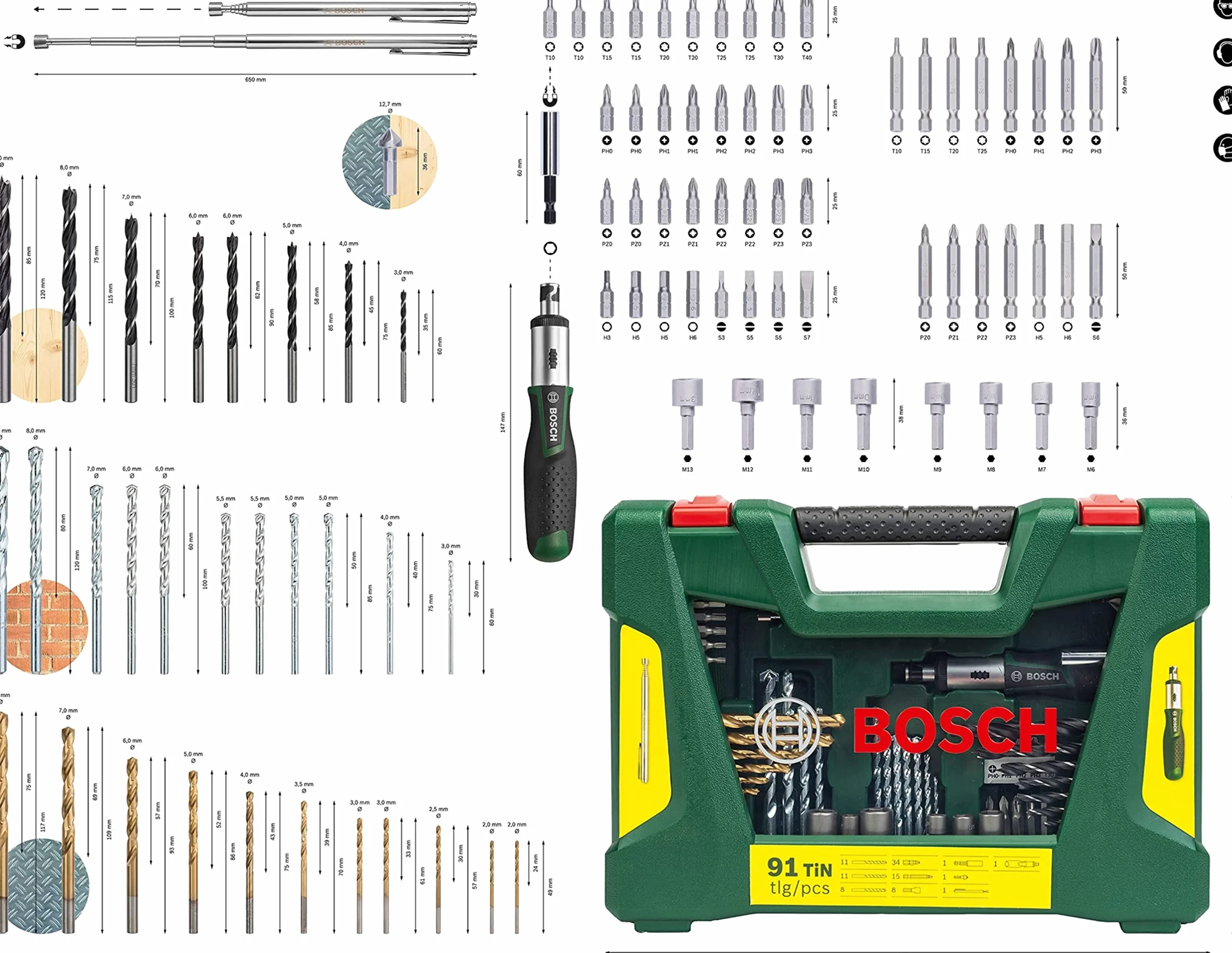 Bosco Accessoires 91 pièces Jeu de forets et d'embouts titane V-Line pour bois pierre métal