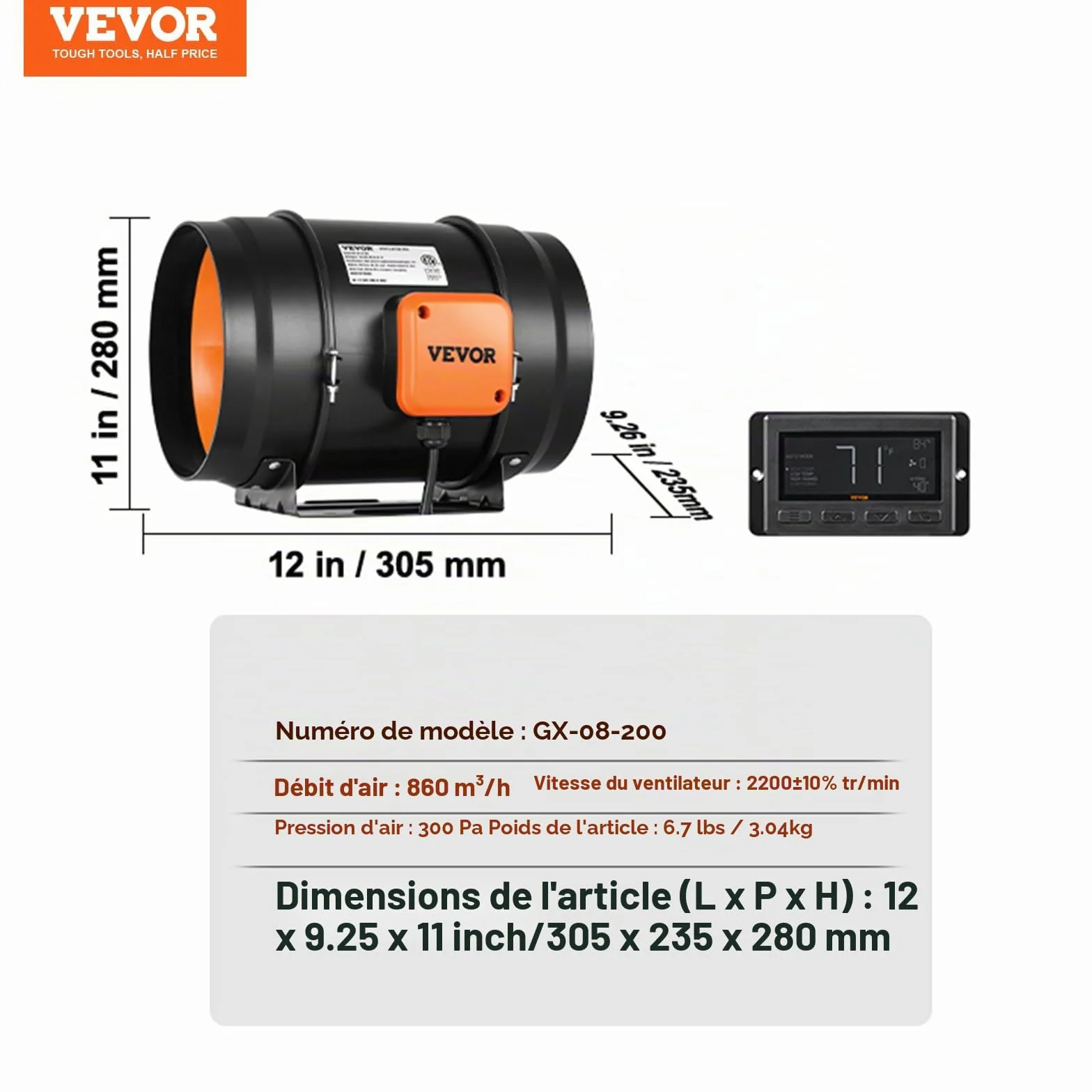 VEVOR Ventilateur d'Extraction 200 mm 1371 m³/h 68 W Extracteur d'Air avec Régulateur Température Humidité