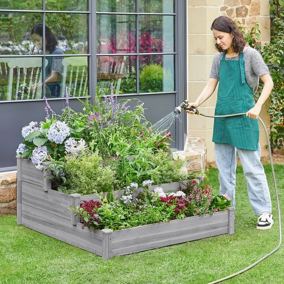 Yaheetech Carré à Plantes en Bois 120 x 120 x 56 cm Potager Surélevé 3 Étages