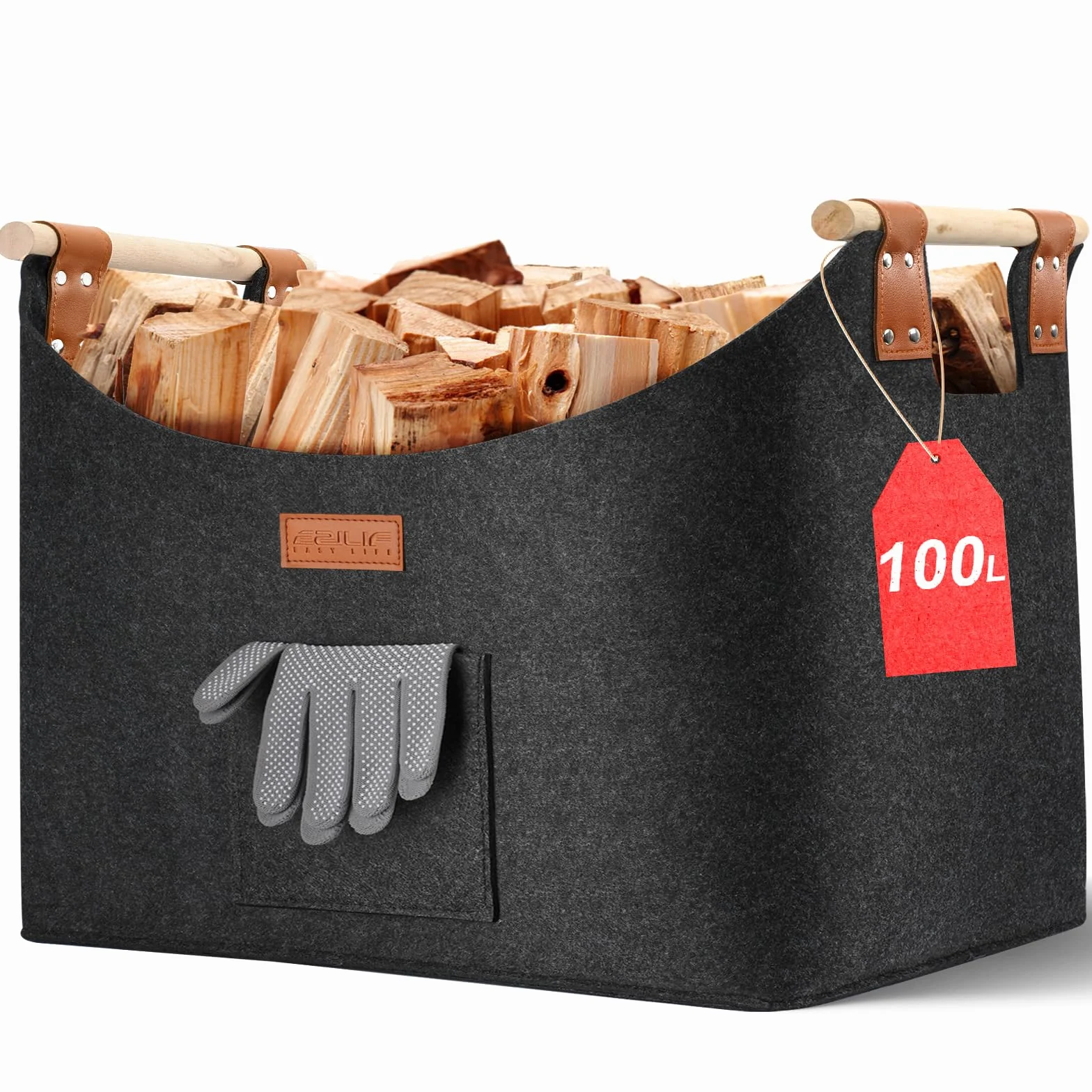 Panier à bois pour bois de cheminée - Taille XXL - Avec double cuir renforcé - 100 l - En feutre - Avec poche avant - Pliable - 60 x 40 x 40 cm