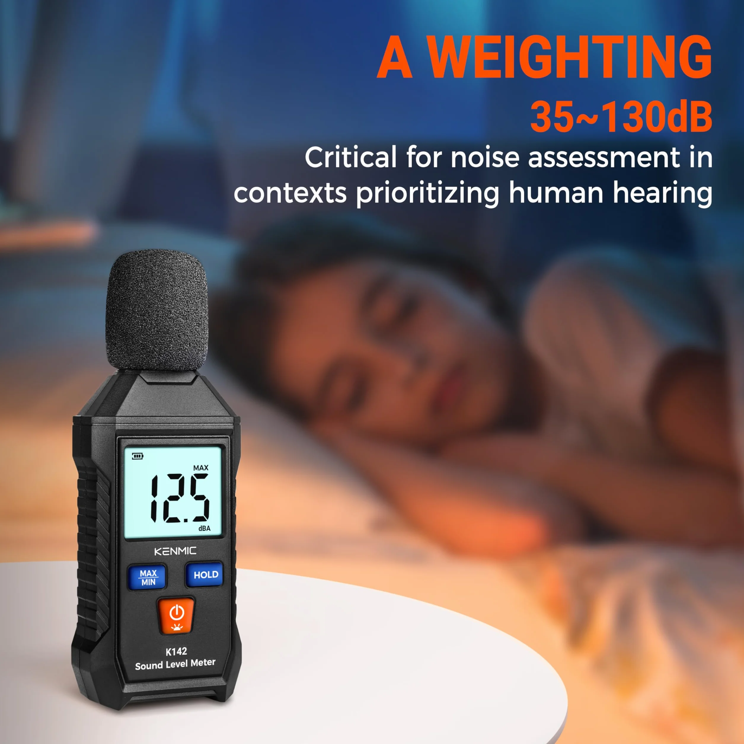 Sonomètre Numérique dB portable 35-130 dB(A) écran LCD rétroéclairé pour maison, classe, atelier
