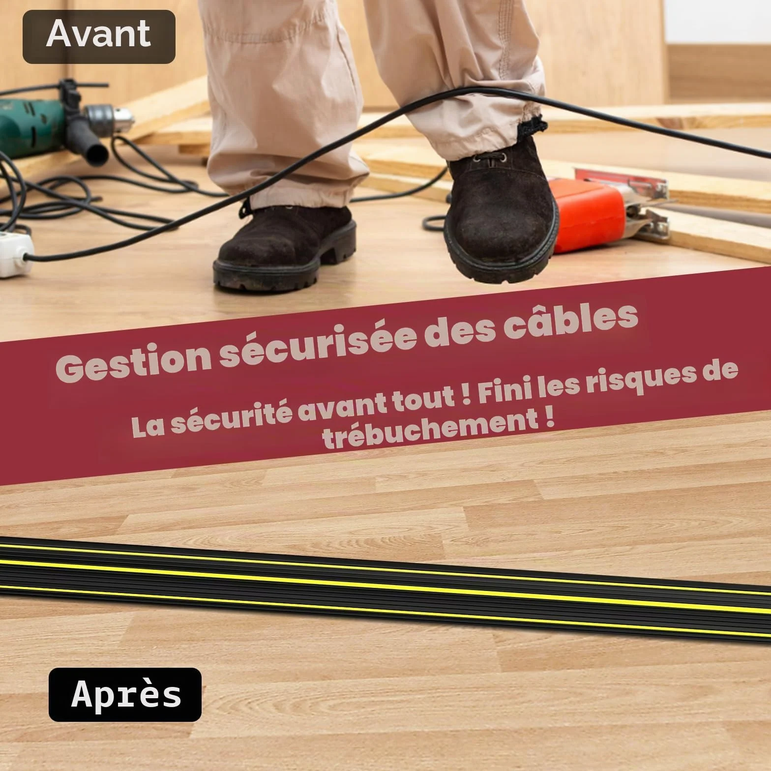 SEGNAYEN Protecteur de câble de sol 1 m, Cache-câble extérieur en caoutchouc robuste, 3 canaux