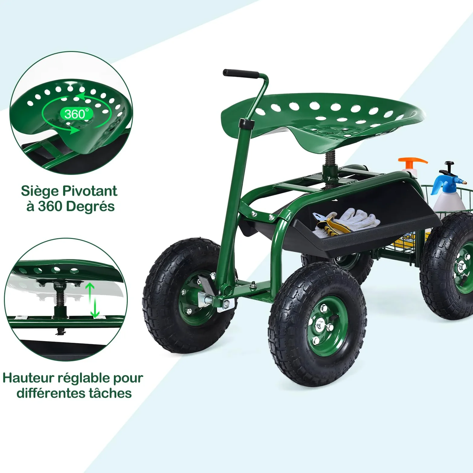 GOPLUS Siège de Jardin Roulant avec 2 Plateau à Outils, Poignée Directe, Panier de Rangement, Siège Réglable, 4 Roues en Caoutchouc, Tabouret de Jardin Roulant pour Jardinage, Vert