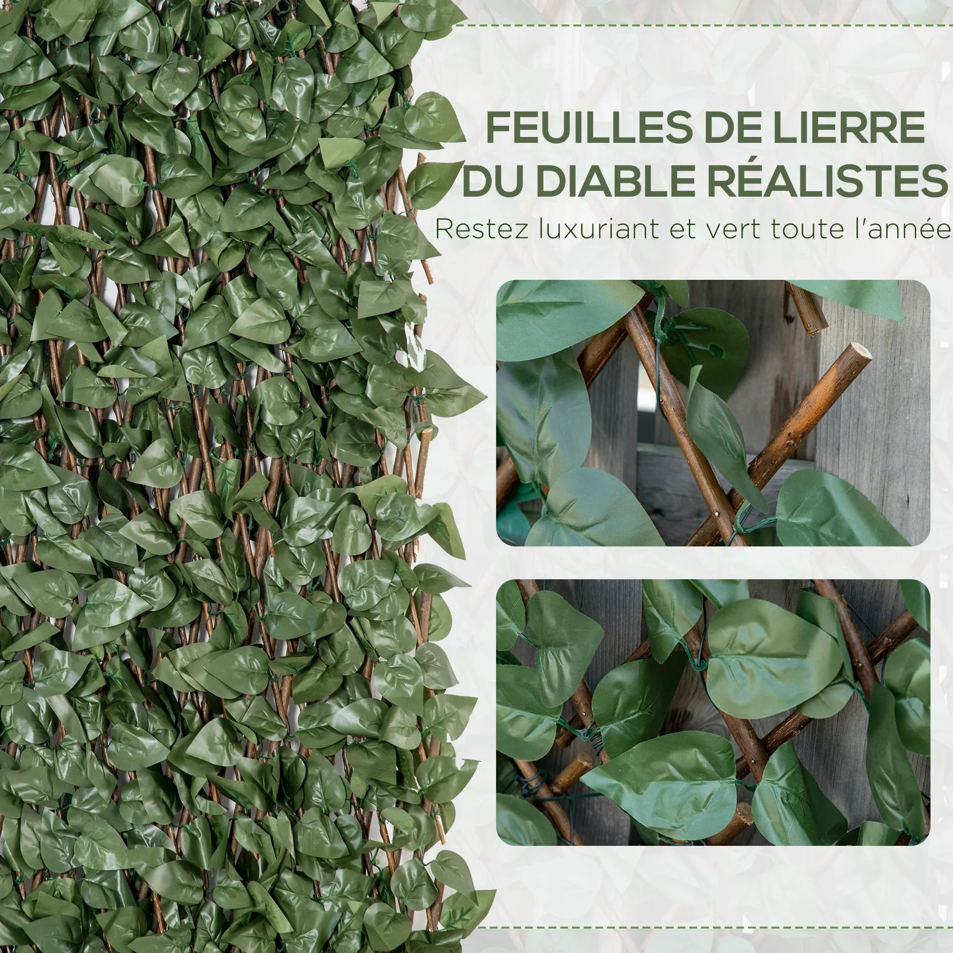 Outsunny Lot de 4 Haies Artificielles de Lierre, Feuilles Murale Brise-vue Extensible en Polyester Osier, Clôture Décorative Artificielle 200 x 100 cm pour Jardin Extérieur Balcon Terrasse, Vert