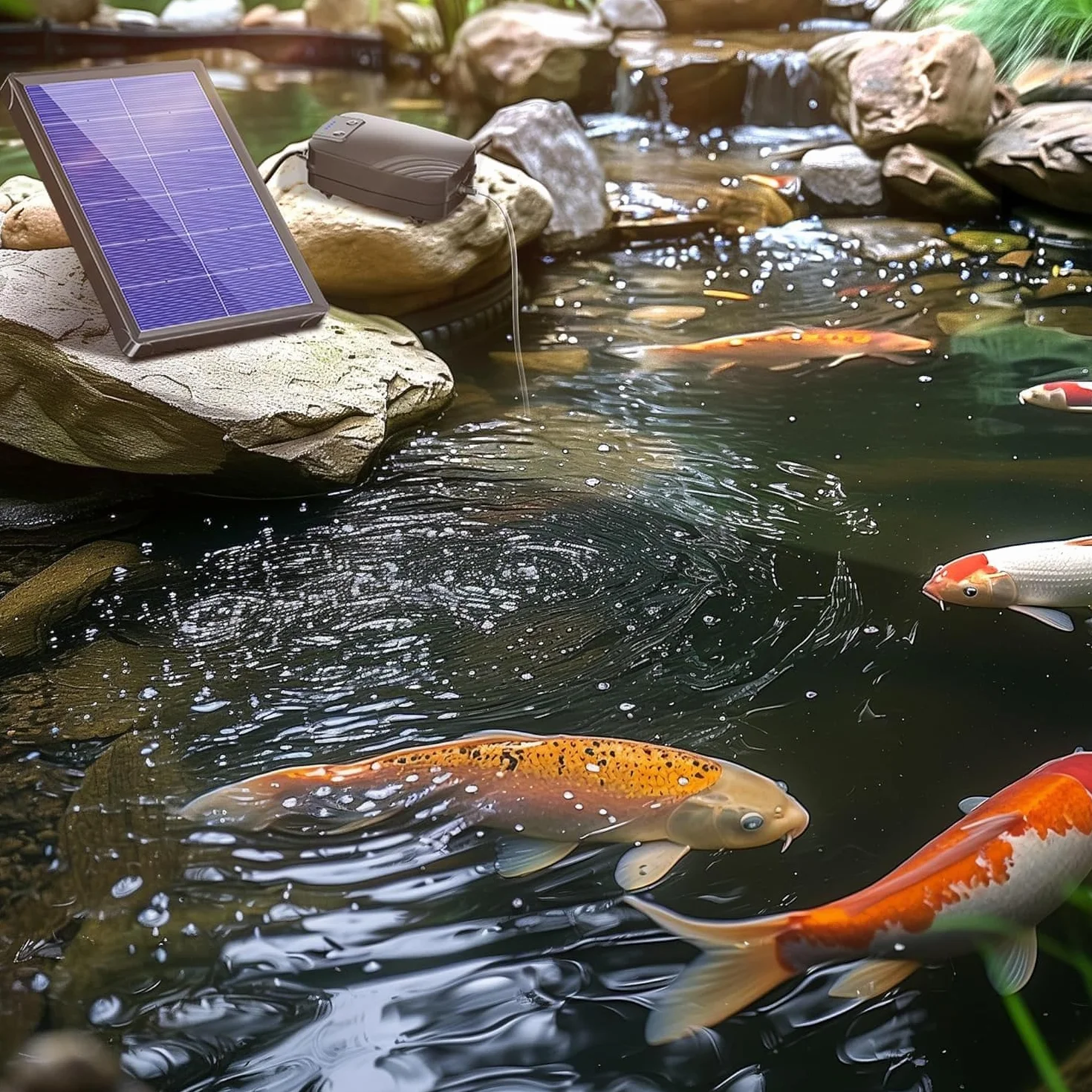 Biling Aérateur de bassin Pompe à oxygène solaire 4 W avec batterie 3 modes 2 pierres à air