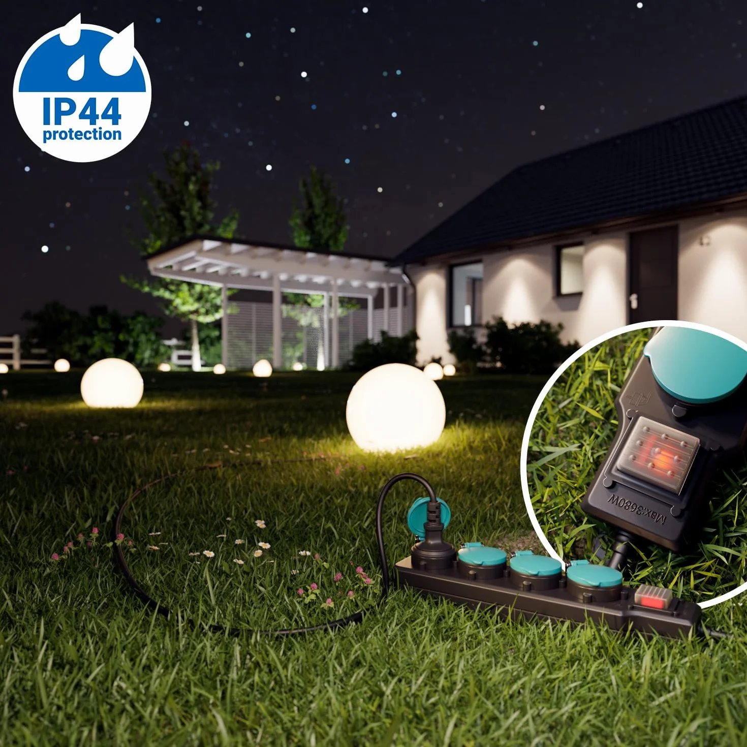 deleyCON Multiprise Extérieure 4 Prises IP44 5m Câble Interrupteur