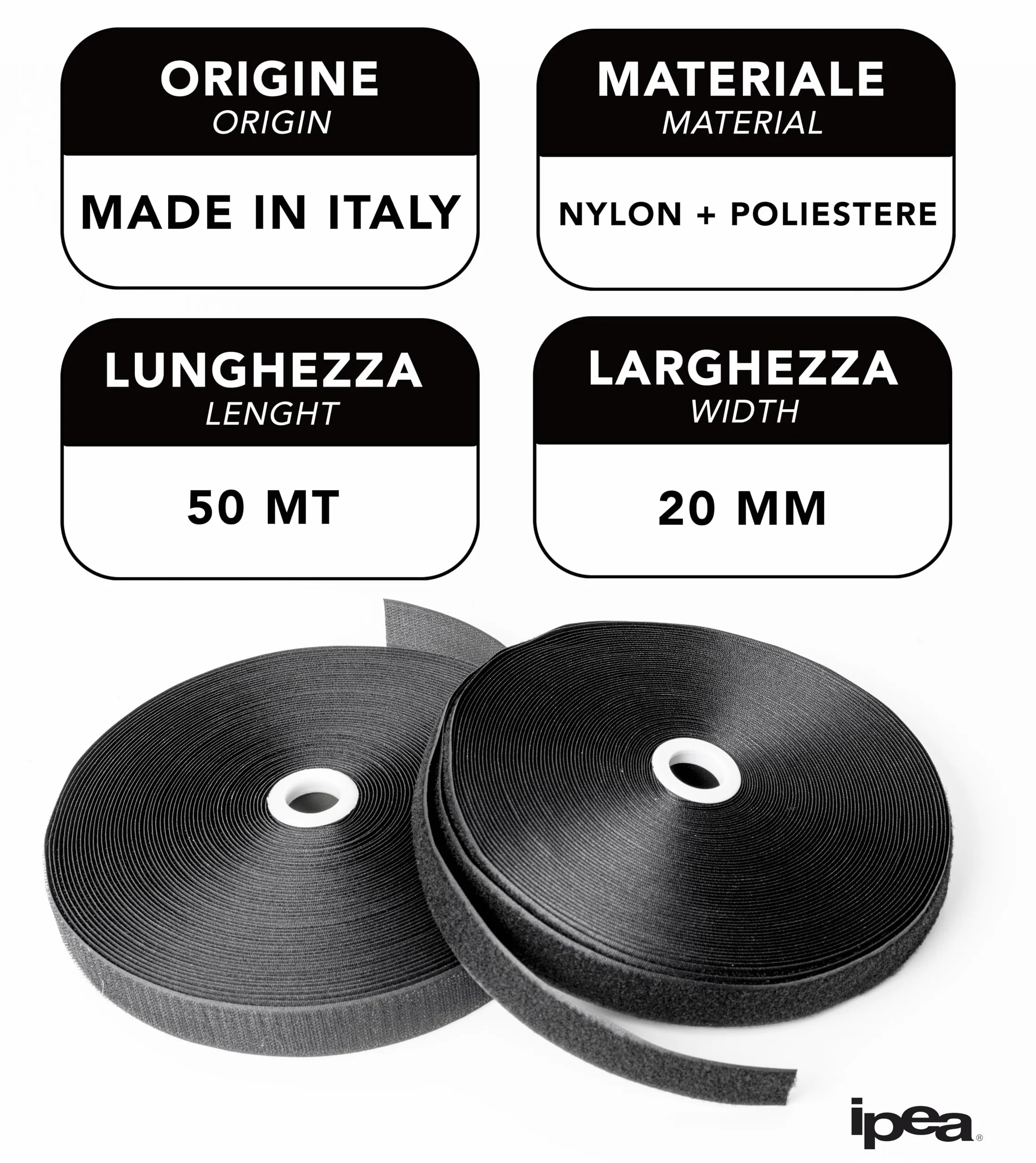 IPEA Ruban à Coudre 20 mm Noir 25 Mètres Non adhésif Scratch Bande Auto-Agrippante Extra Fort