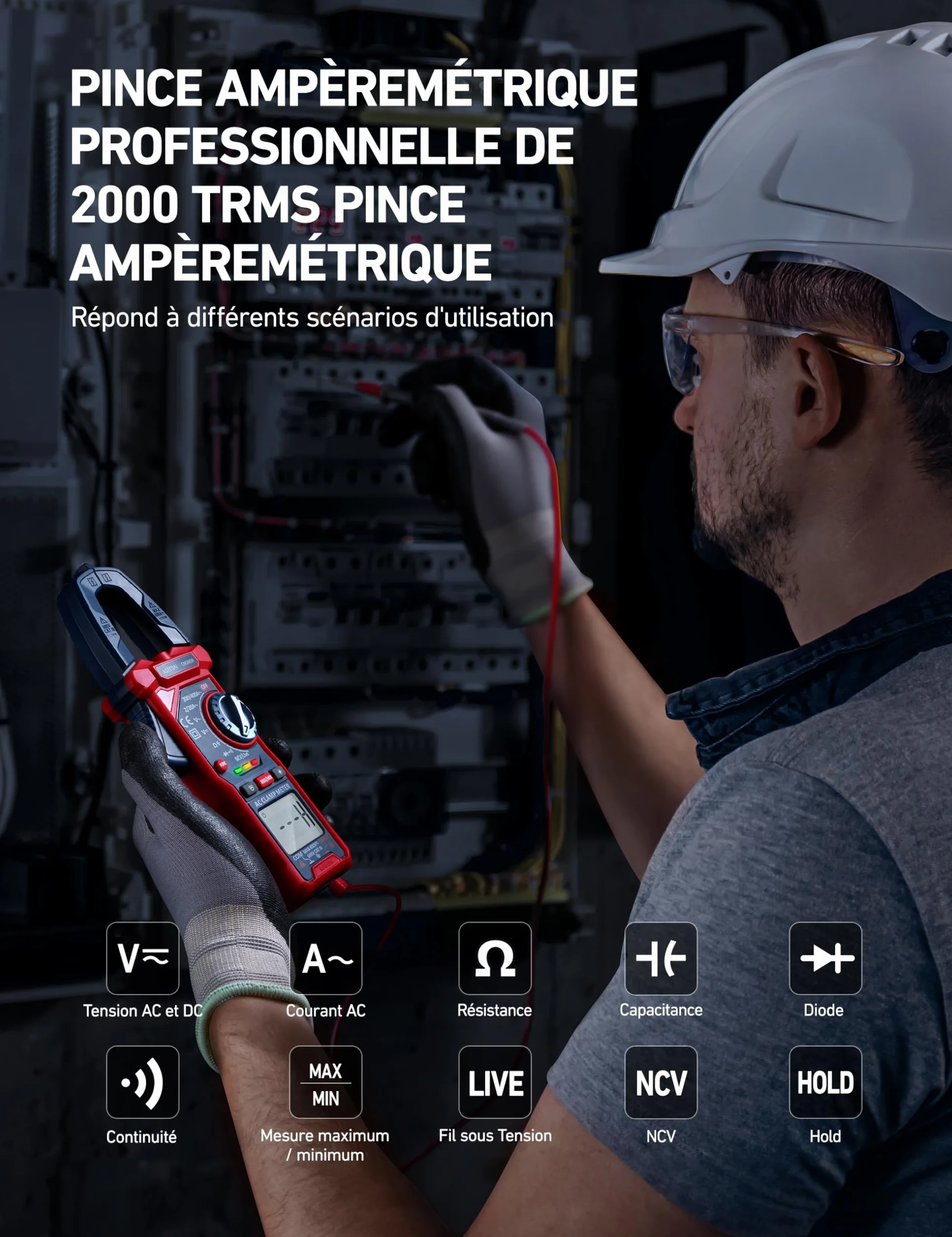 AstroAI Pince Ampèremétrique Numérique TRMS 2000 NCV Multimetre Voltmètre Testeur de Tension AC DC