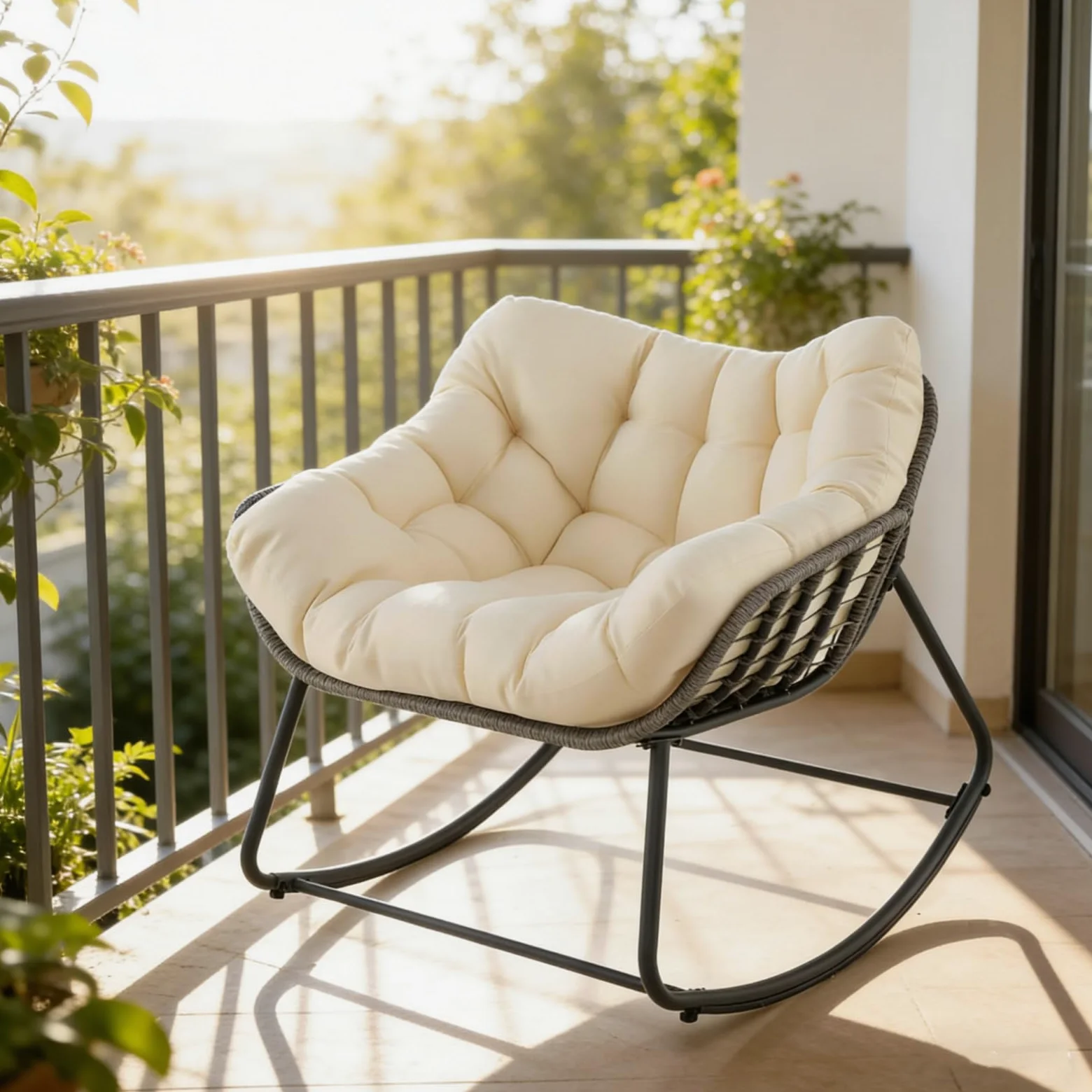 LIFEZEAL Fauteuil à Bascule de Jardin, en rotin, avec Coussin rembourré, Fauteuil de Lecture pour Balcon, véranda, Salon et terrasse (Beige)