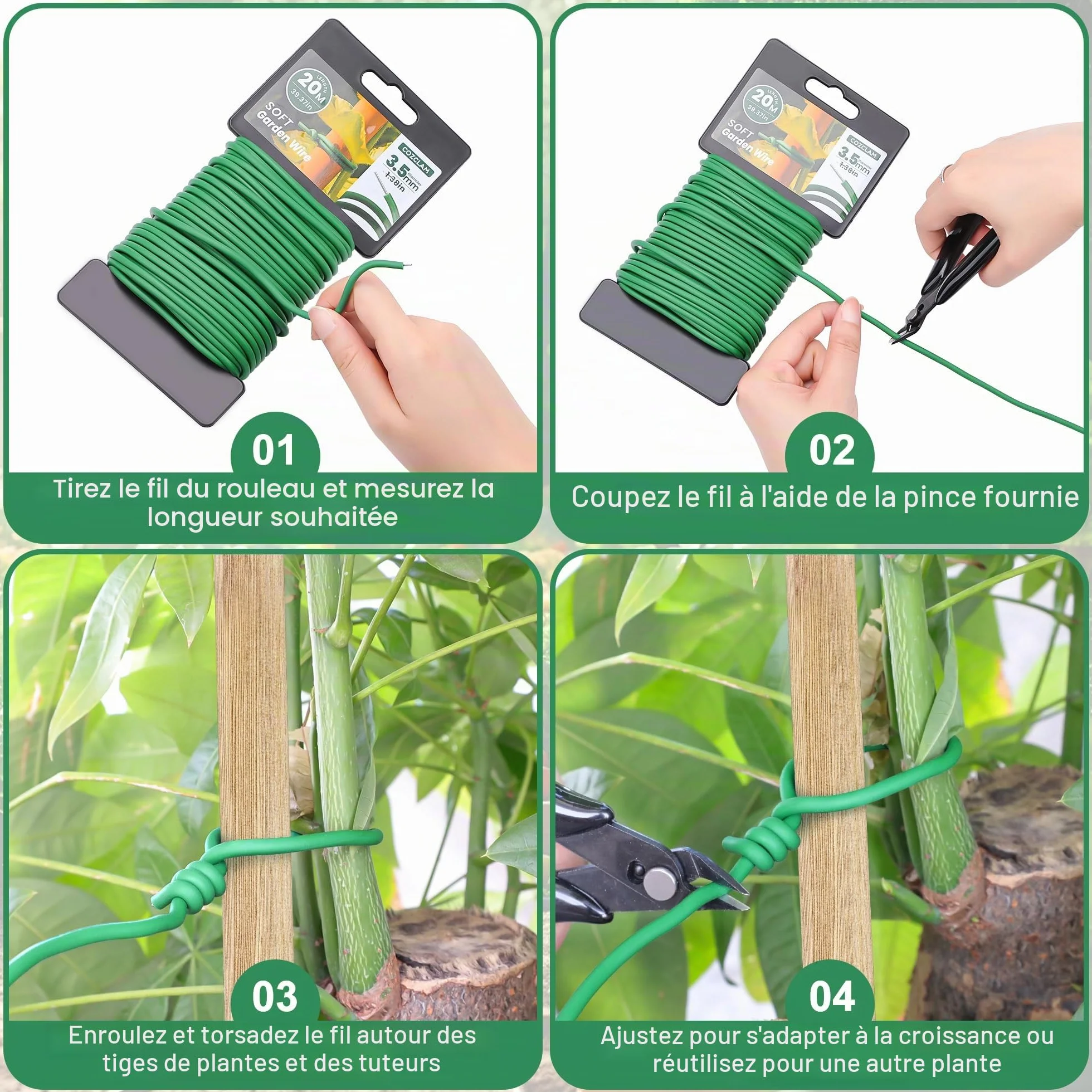 COZCLAM 2 x 20m Fil de Fer Jardin avec Coupe, 3.5mm Fil de Fer Cloture, Fil de Fer Vert de Plastique pour Le Jardinage, Tomates, Fil de Fer Souple Loisir Creatif pour Organiser Les Câbles, Projets