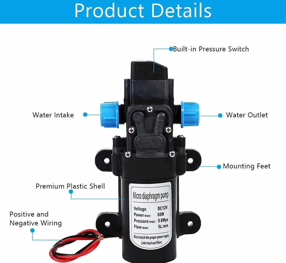 Pompe de Pulvérisation Auto-Amorçante 116PSI DC 12V 60W 5L/min pour Camping-Cars Bateaux Jardin