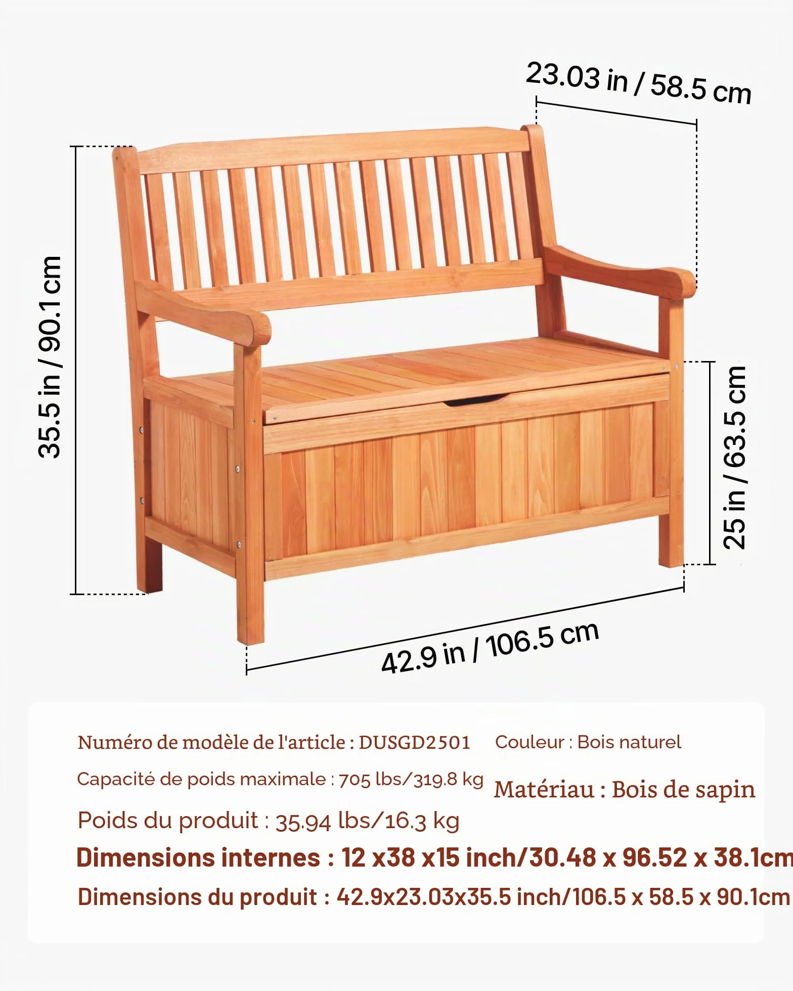 VEVOR Banc de Rangement Extérieur en Bois Coffre de Jardin 125 L 2 en 1 avec Poignée Latérale, Capacité de Charge 319,8 kg