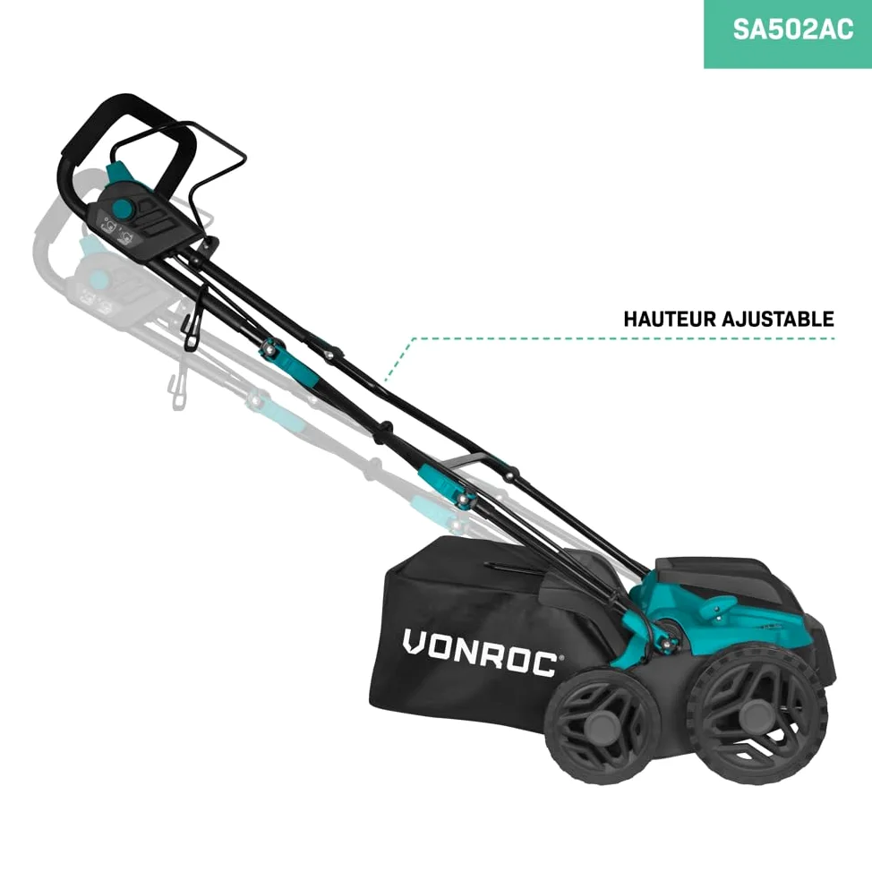 VONROC Scarificateur - Aérateur - 1500W - largeur de coupe 36 cm - 5 réglages : 4 réglages de profondeur de coupe (12/9/6/3 mm) + 1 mode transport (+10mm) - bac de ramassage 45L inclus