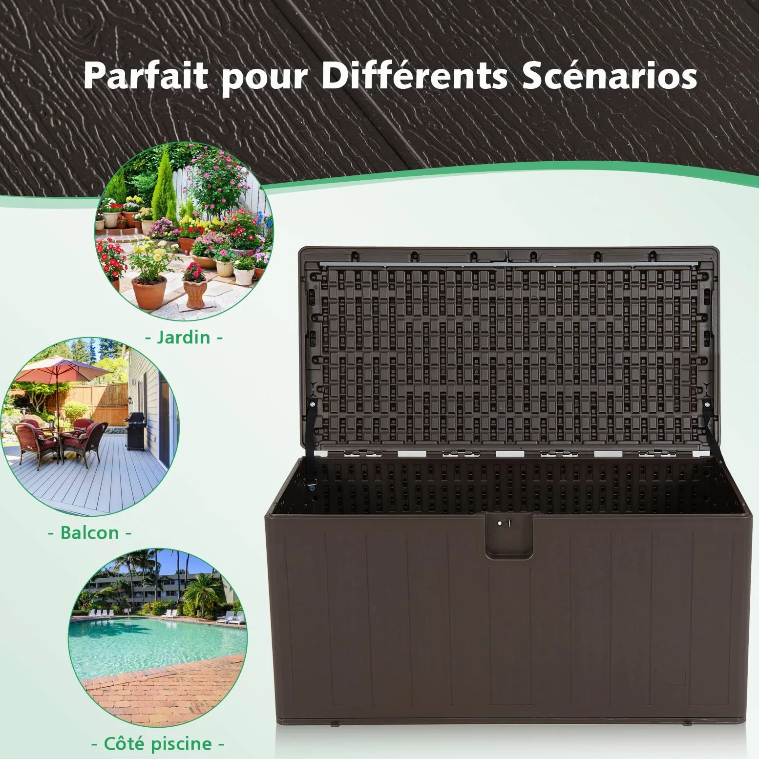 GOPLUS 400 L Coffre de Jardin Extérieur, Coffre de Rangement pour Patio avec Couvercle Verrouillable pour Maison Piscine Jardin,128 x 64 x 64 cm,