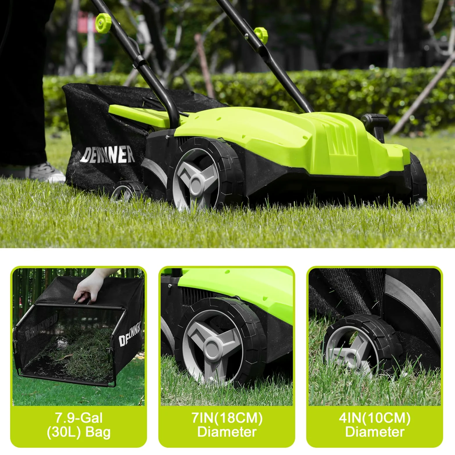 DEWINNER 1500W Scarificateur émousseur électrique, 2 en 1 Scarificateur AéRateur électrique, 3200 TR/Min, avec 2 Lames De Rechange Incluses, Bac Ramassage 30L, Profondeur Réglable-4 Profondeurs