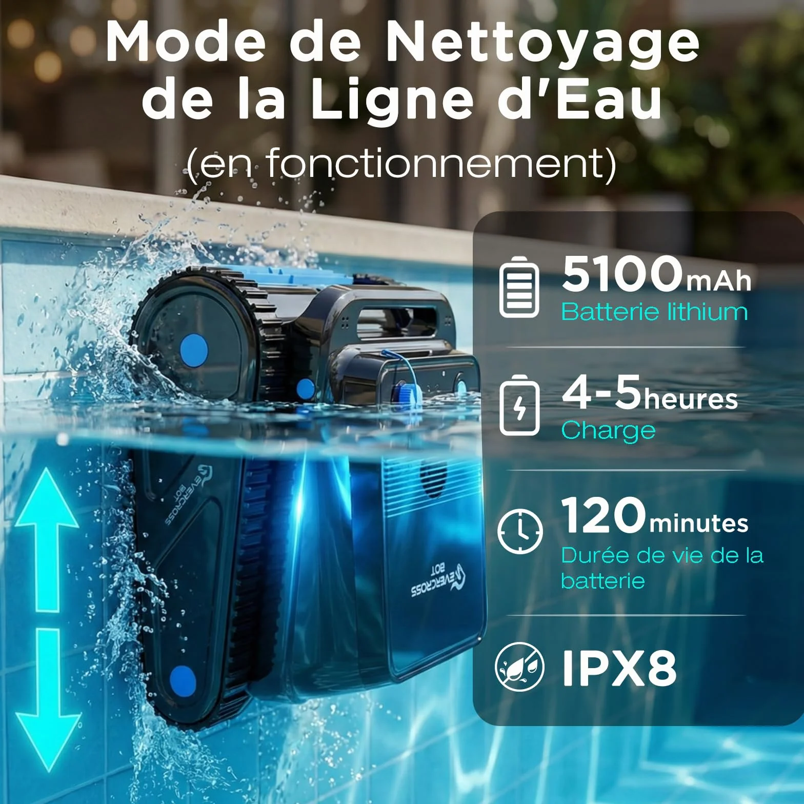 Robot Piscine Fond et Parois sans Fil 120 Min Autonomie 200㎡ Navigation Intelligente
