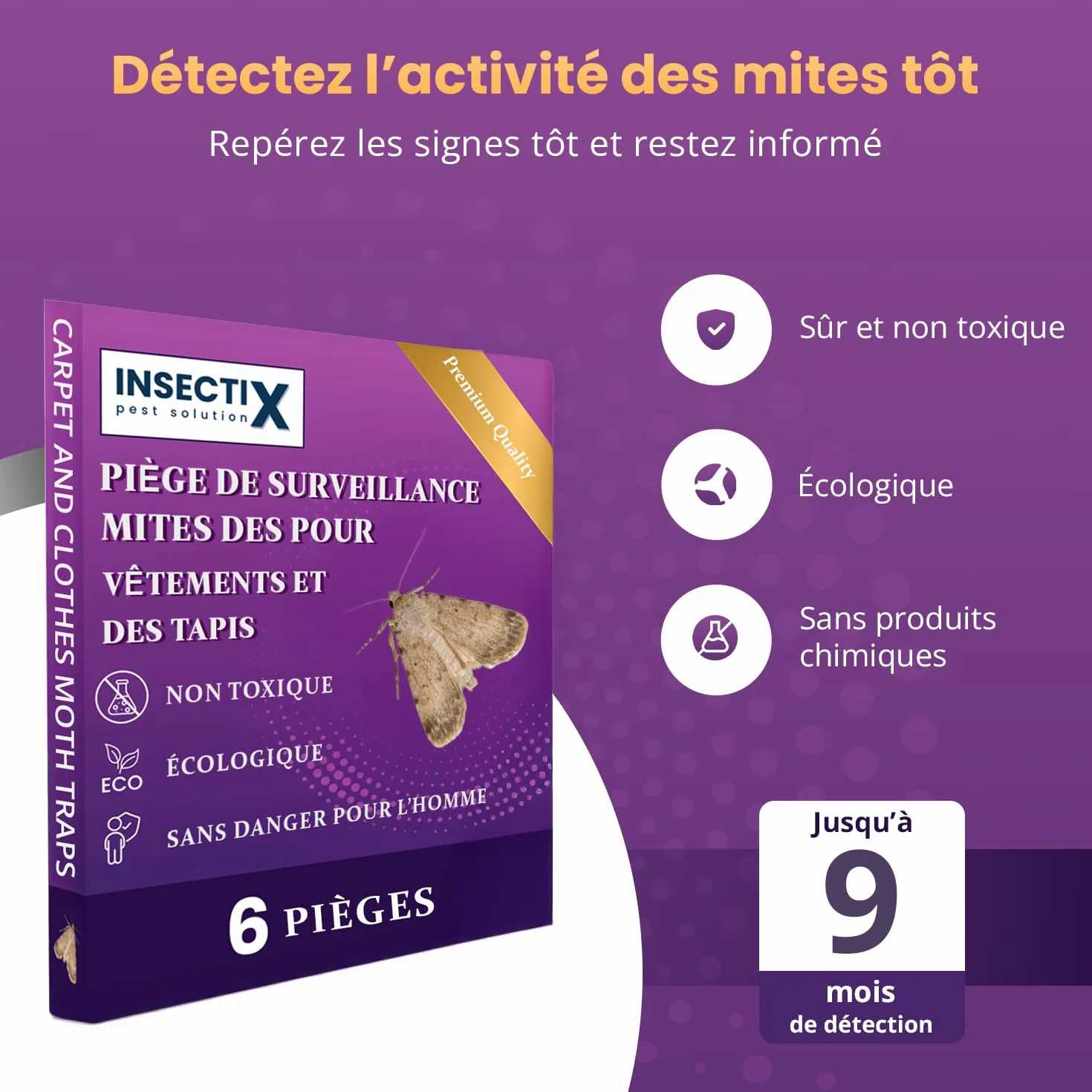 Pièges à mites textiles – Lot de 6 détecteurs sans odeur, non toxiques avec phéromones – Pour armoires, tiroirs, tissus & rangements – Sans danger pour les enfants et les animaux