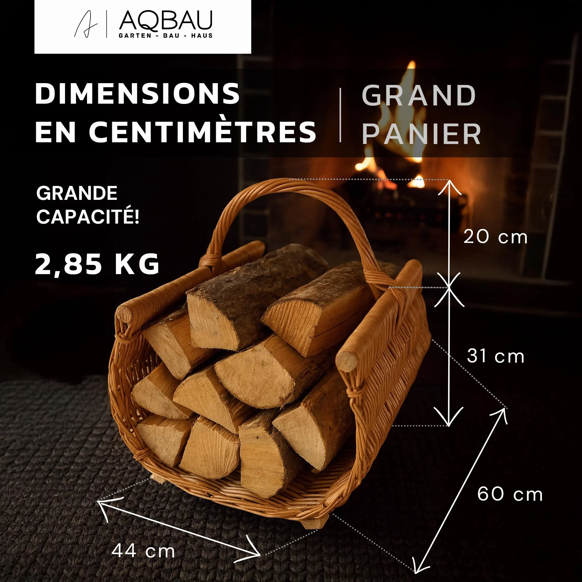 Panier à bois XXL 60 x 44 cm en osier avec lattes en bois – Support à bois de cheminée stable – Panier fait main pour bois de feu, rangement ou décoration, paniers en bois, panier à bois