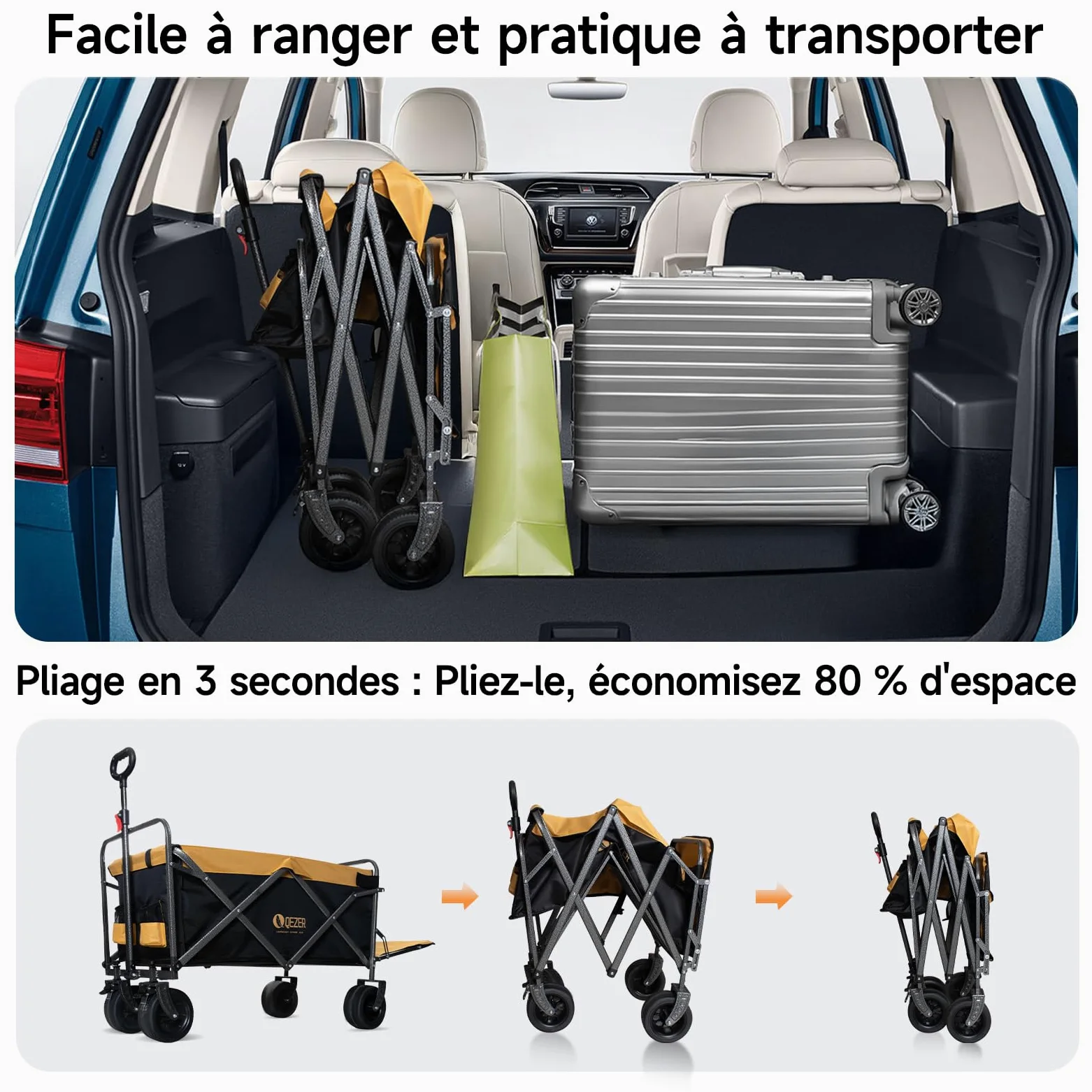 Chariot Pliable avec Roues Tout Terrain,Capacité de Charge 220 kg/270 kg, Chariot de Transport Multifonction pour Plage，Jardin, Camping, Pêche et Barbecue (Noir et Jaune, Grande Taille)