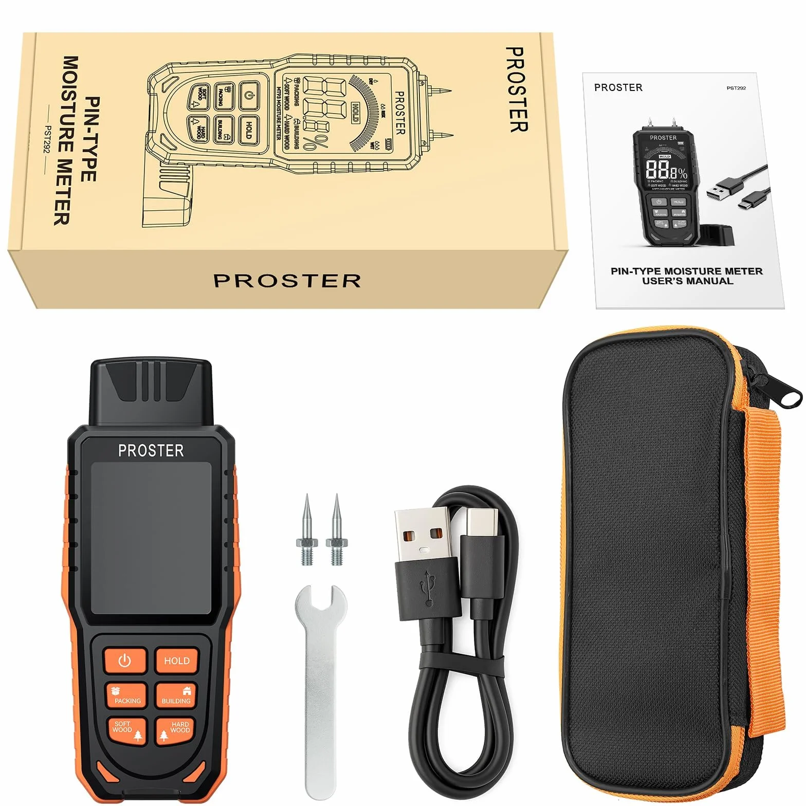 Proster Humidimètre Numérique à Broche Remplaçables Haute Précision 4 Modes Écran LCD Couleur Testeur Humidité Portable Rechargeable