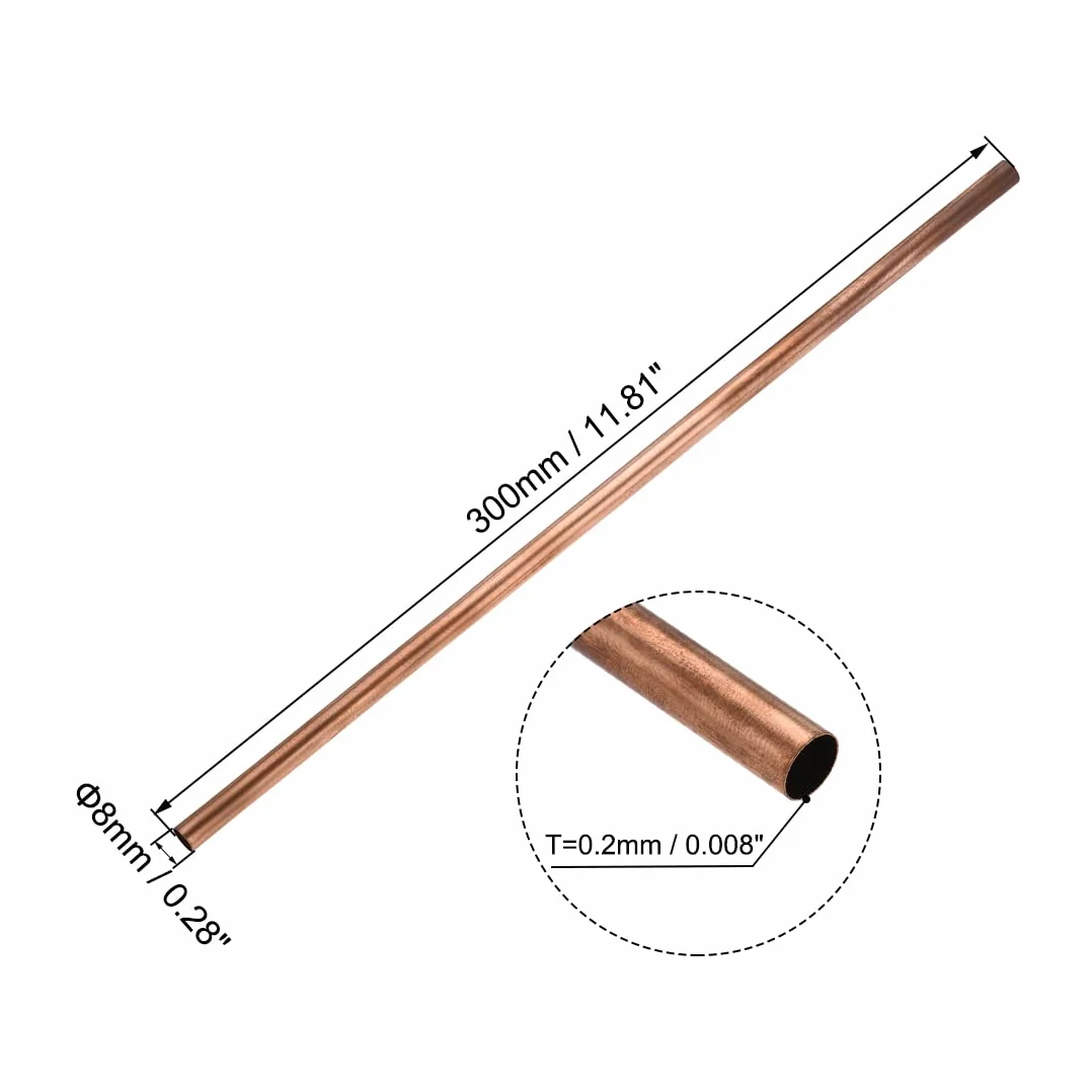 sourcing map Tube Cuivre Rond 8mm Diamètre Extérieur 7.6mm Intérieur 0.2mm Paroi 30cm Tuyau 2 Pièces