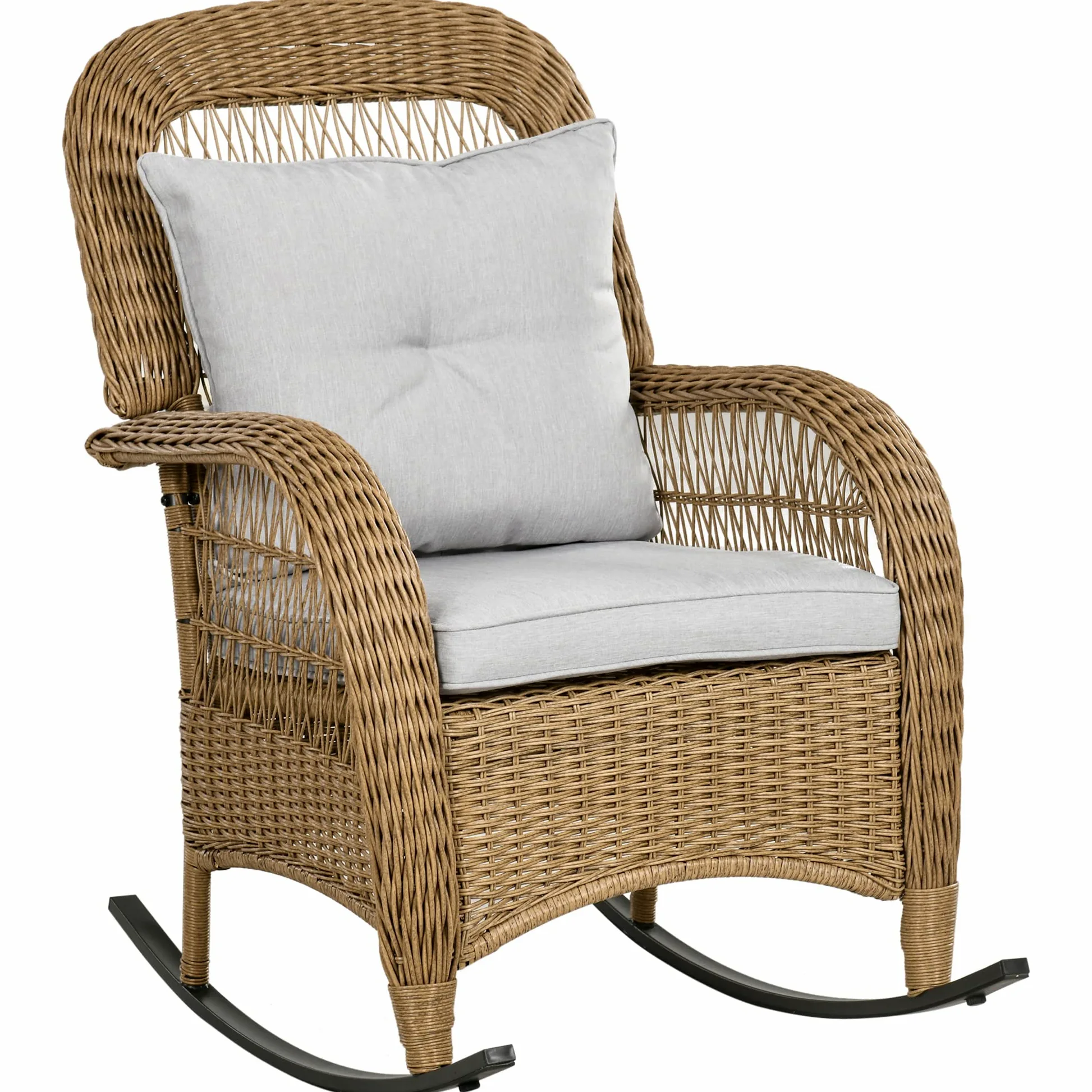 Fauteuil à bascule en rotin Outsunny, fauteuil à bascule avec coussin, fauteuil de jardin avec housses lavables, meuble de salon pour cour, jardin, terrasses, jaune, 69 x 92 x 100 cm