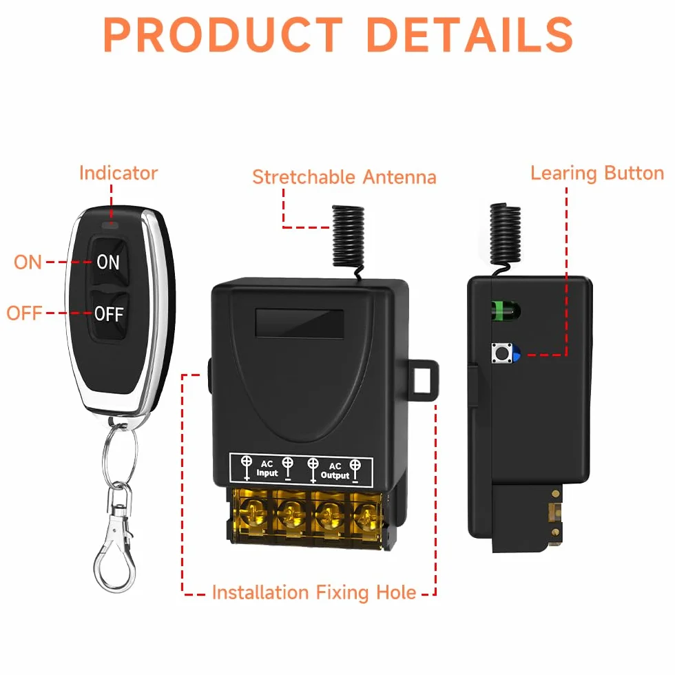 Interrupteur à télécommande sans fil 100m 30A AC 220V-240V pour pompe à eau éclairage extérieur