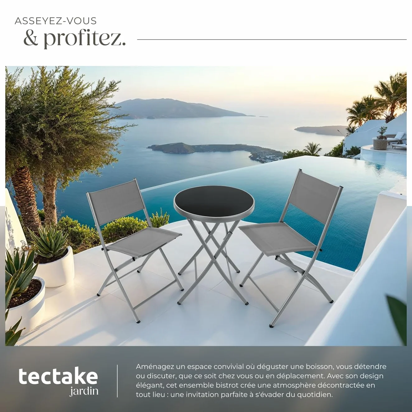Tectake Ensemble Table Ronde et Chaises Pliantes Table de Bistrot Jardin 2 Personnes Acier Epoxy