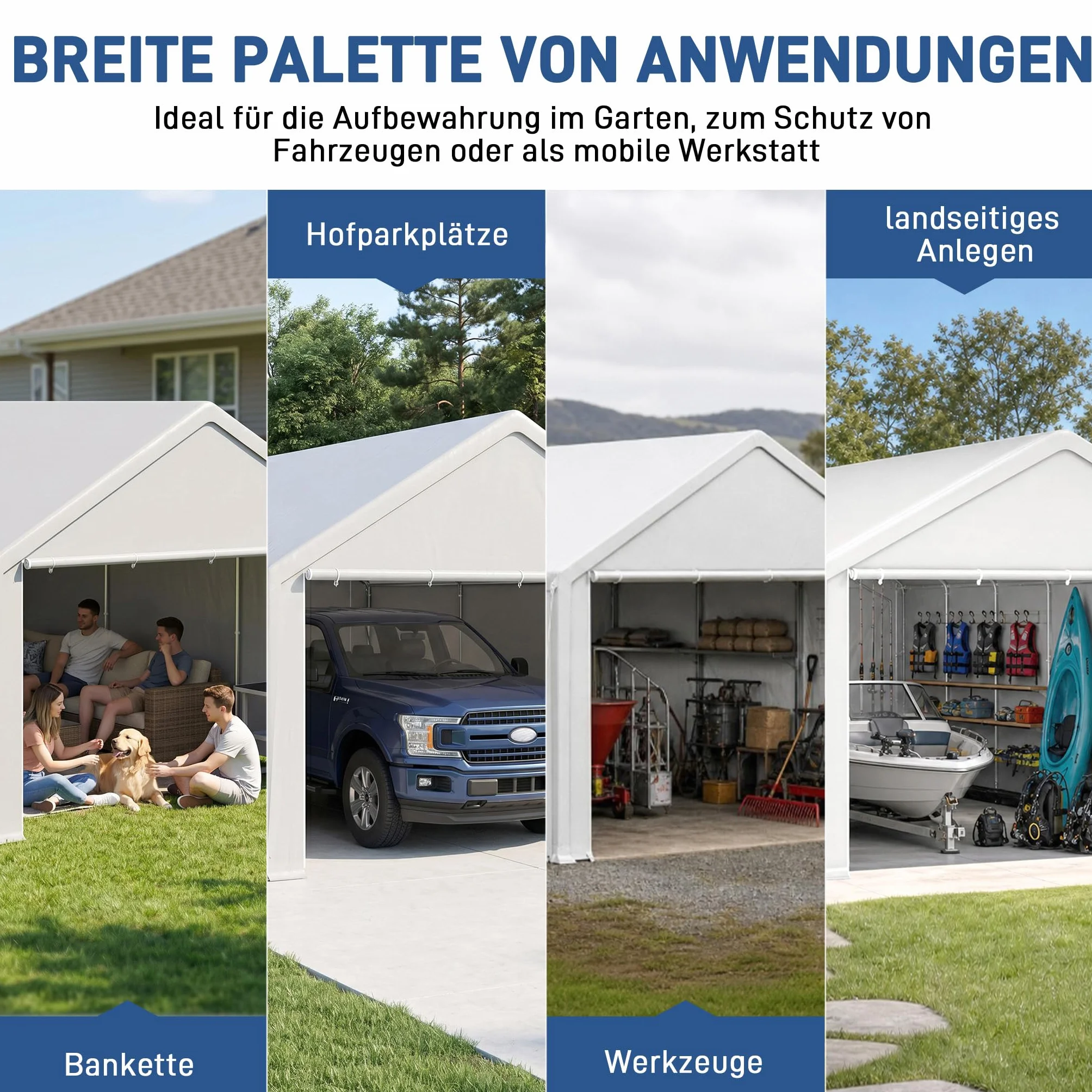 Carport Tente de garage 3 x 4 m, avec bâche en polyéthylène résistante aux intempéries, avec cadre en acier galvanisé, avec piquets et haubans, abri pour voiture, appareils et fournitures