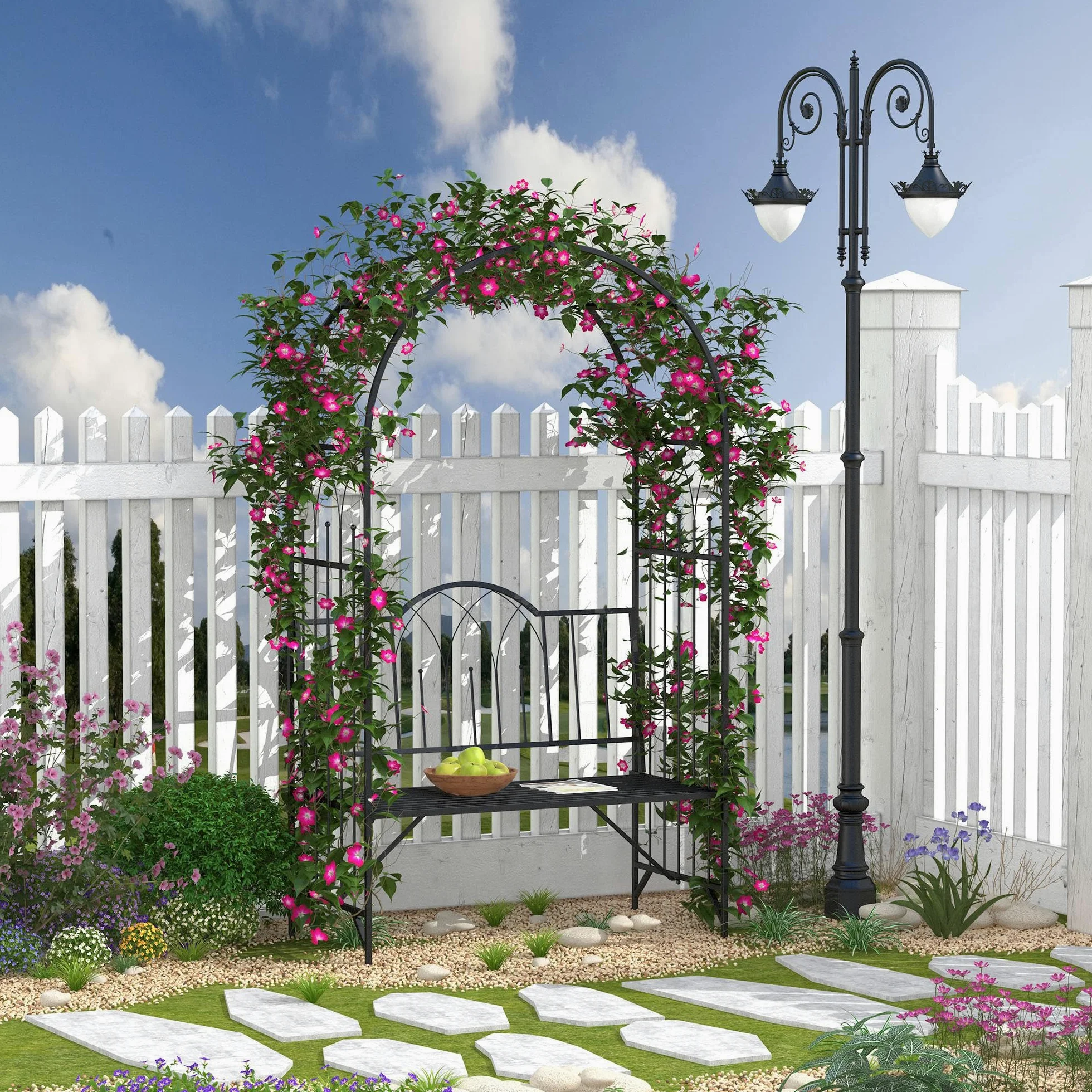 Outsunny Arche à rosiers Banc de Jardin 2 Places 2 en 1 dim. 115L x 59l x 203H cm métal époxy Noir