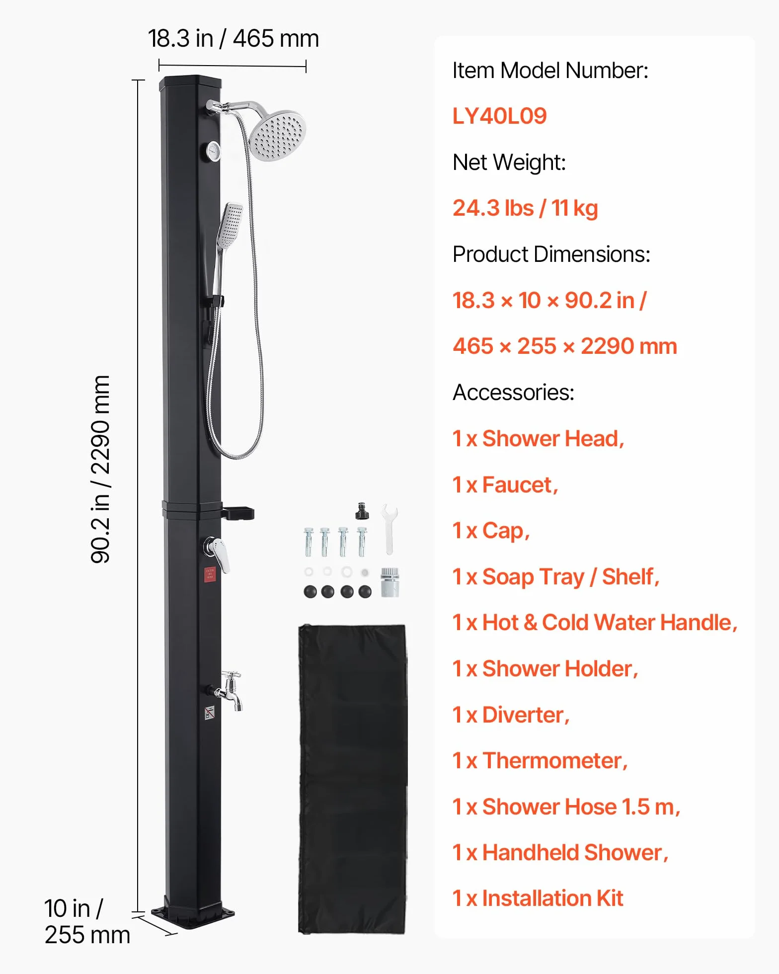 VEVOR Douche Solaire 40 L Extérieure Autoportante avec Robinet de Lavage des Pieds, Noir
