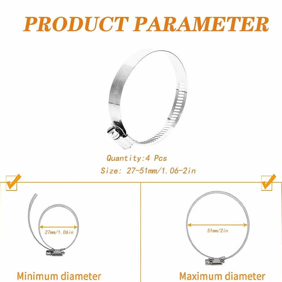 Collier de Serrage Tuyau Réglable 27-51 mm 304 Inox Métallique 4 Pièces