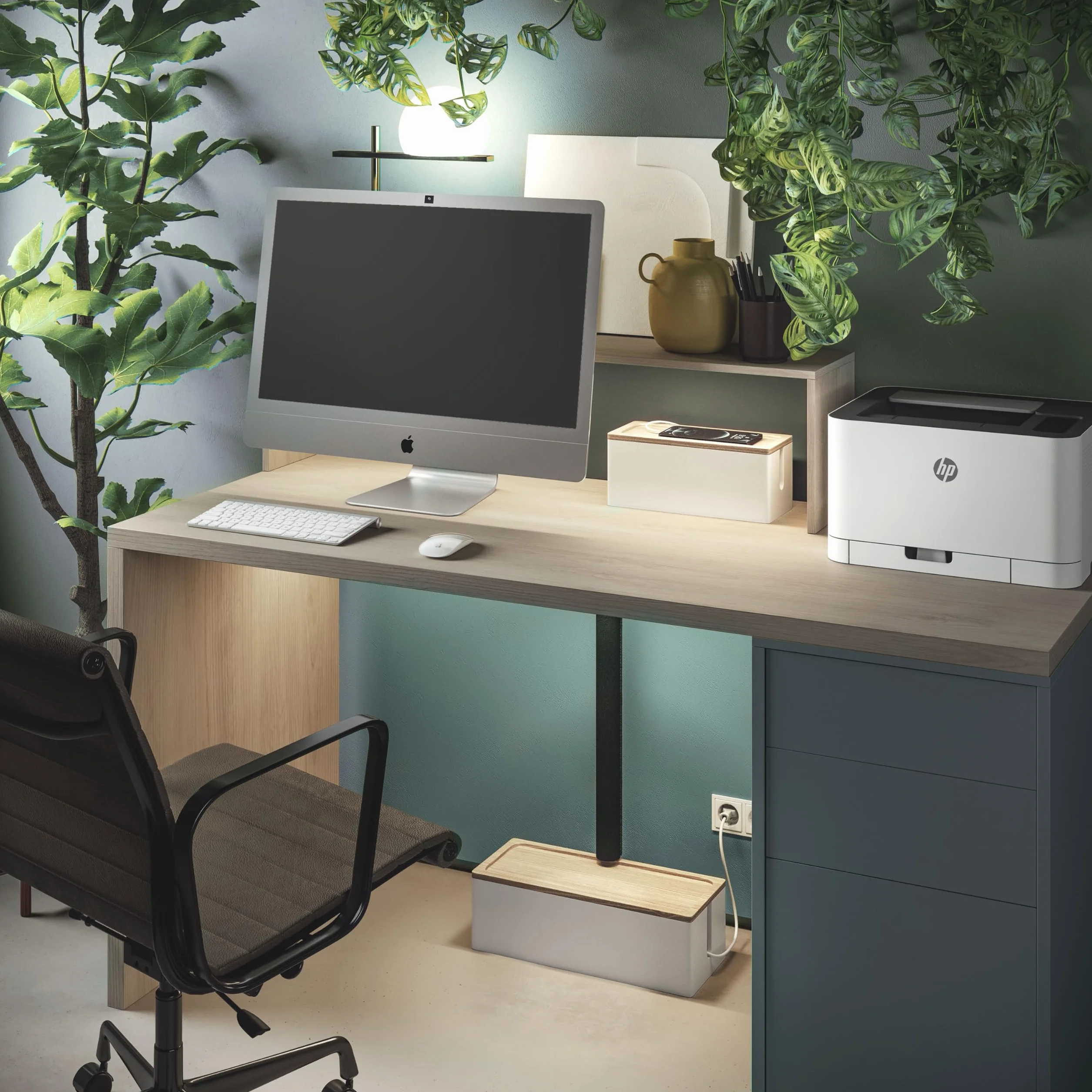Lot de 2 Boîte de Rangement de Câbles en Bois Rustique pour Bureau TV Ordinateur USB Blanc