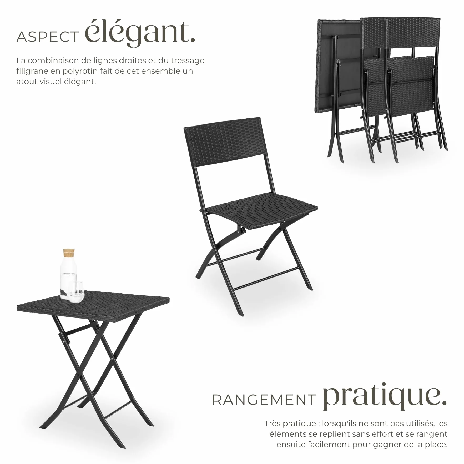 Tectake Salon de Jardin Poly Rotin Pliant pour 2 Personnes - Ensemble Chaise et Table
