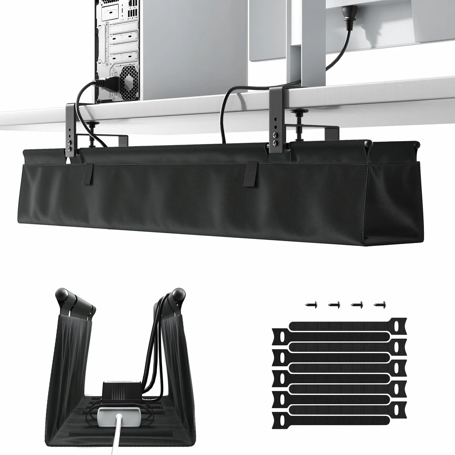 Cable Management Bureau Sans Perçage 90cm, Under Desk Cable Tray avec Fixation par Pinces/Vis, Range-Câbles Tissu Imperméable Noir
