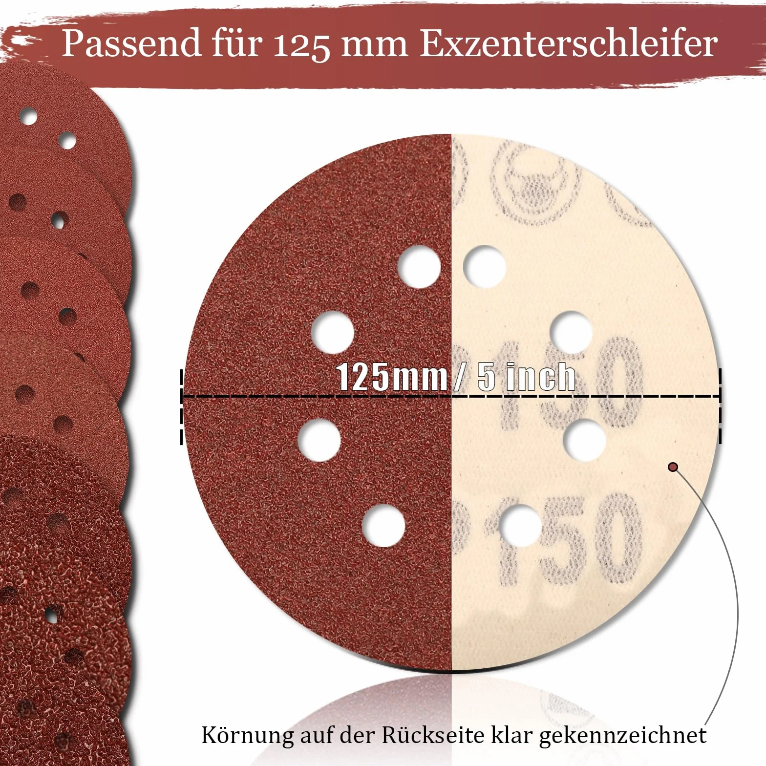 Disques Abrasifs 125 mm Grain 150 8 Trous 100 Pièces pour Ponceuse Excentrique