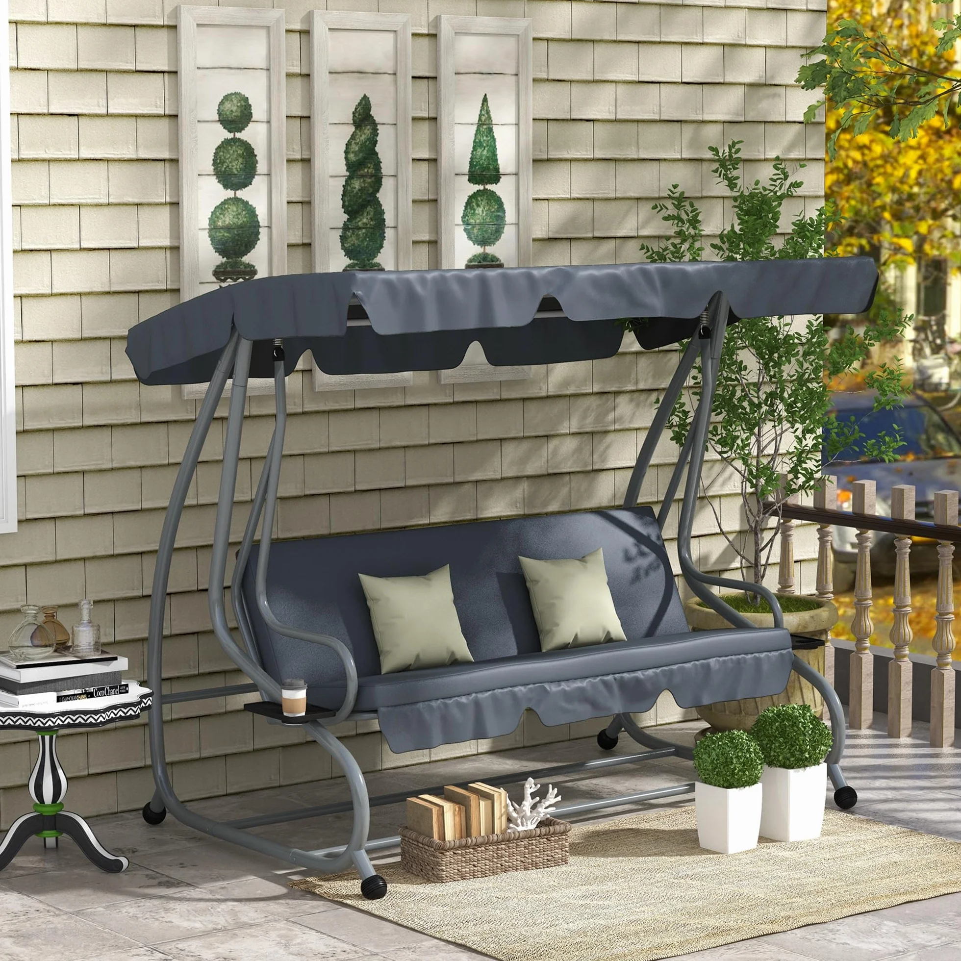 Outsunny Balancelle de Jardin 3 Places Convertible Toit Inclinaison réglable métal Noir Gris