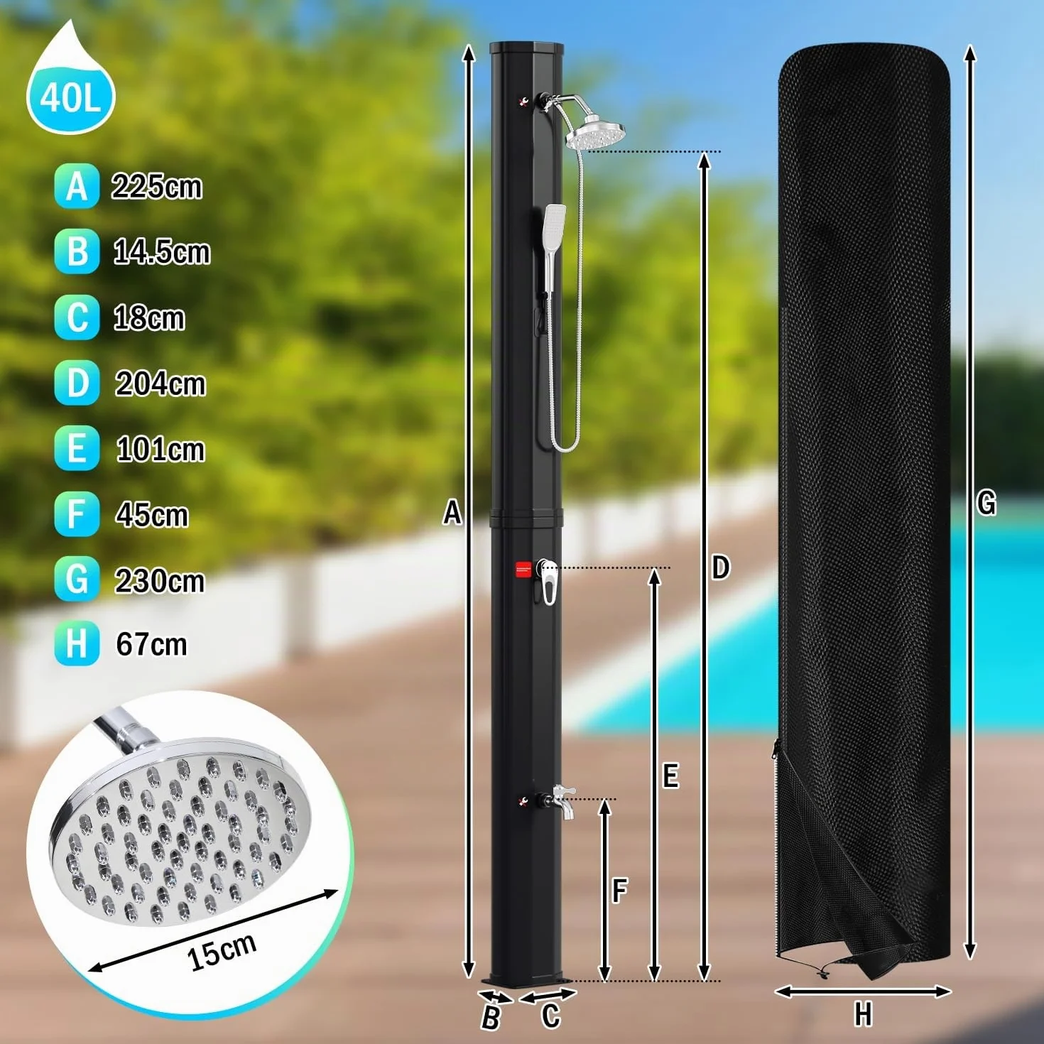 Herrselsam Douche Solaire de Jardin 40 l avec Capot de Protection Eau Chaude 60 °C sans Raccordement Électrique