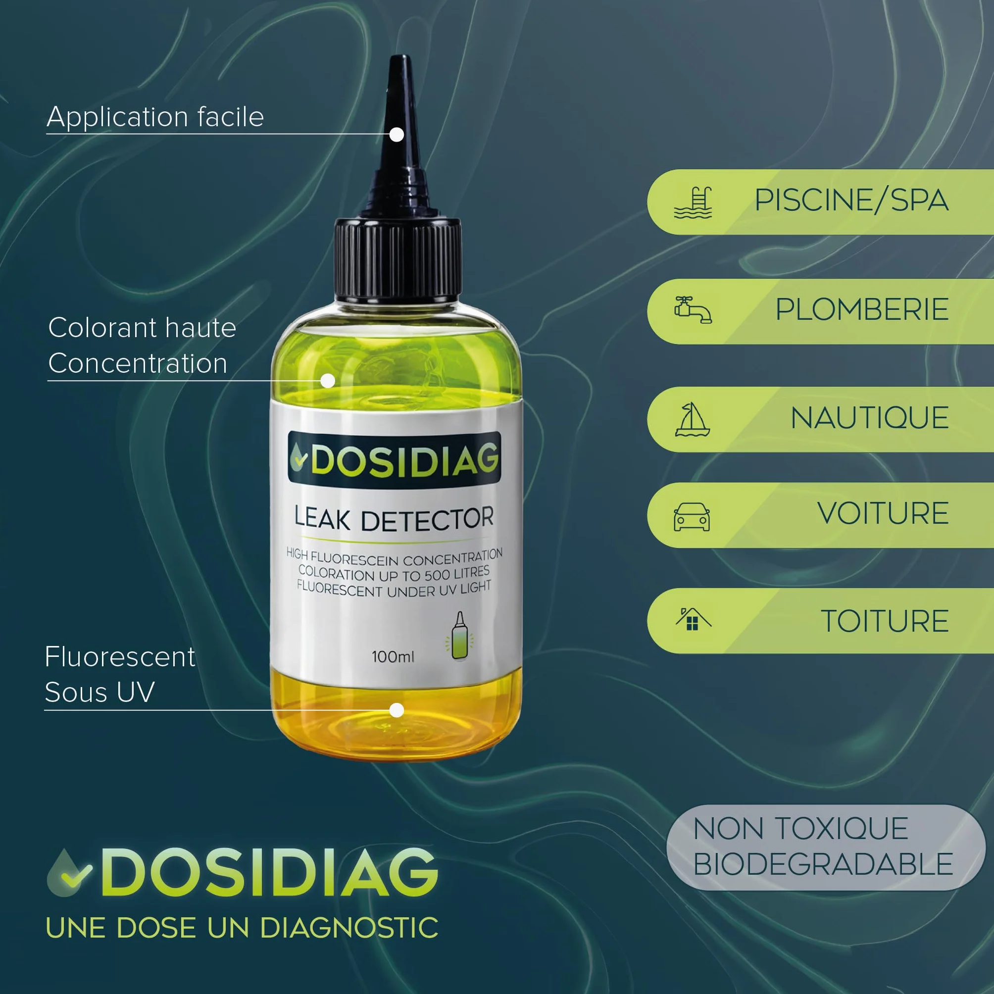 Détecteur de fuite DOSIDIAG - Fluorescéine haute concentration - Recherche fuite piscine SPA plomberie toiture voiture
