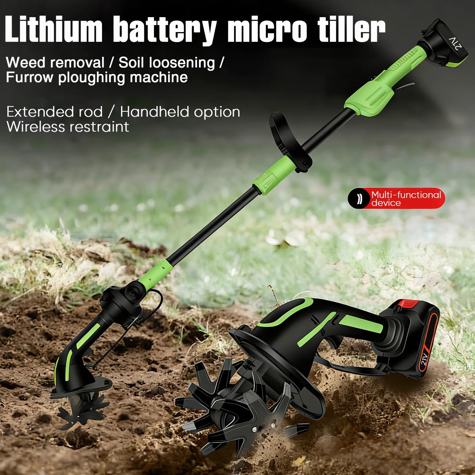 Motobineuse éLectrique sans Fil 21v avec Batterie, Portable Motoculteur de Jardin Manuel sans Fil, motocultiveur léger avec 10 cm de Largeur et Profondeur de Travail, pour Massif (2 Batteries)