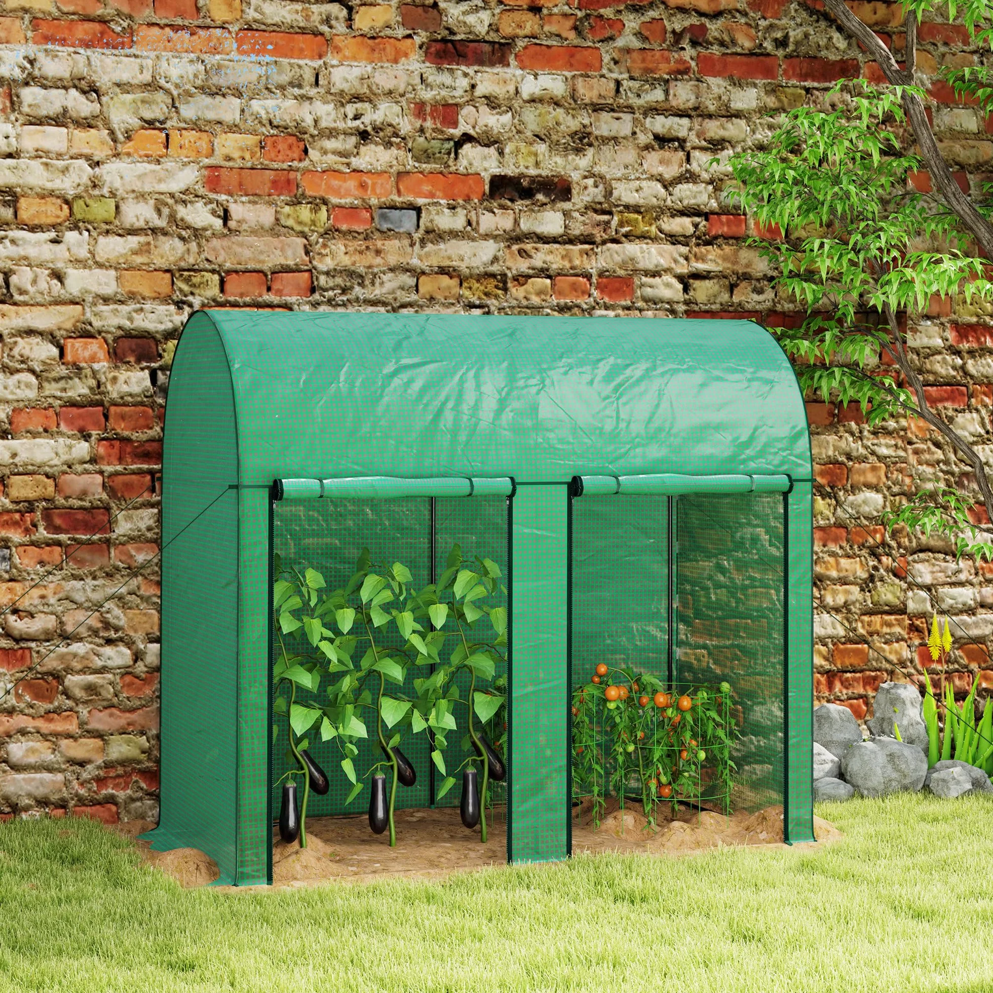 Outsunny Serre de Jardin PE, Serre de Balcon, bâche renforcée 140 g/m², châssis en Acier, 2 Portes zippées enroulables, pour légumes Plantes Fleurs, intérieur et extérieur, 200 x 100 x 178 cm, Vert