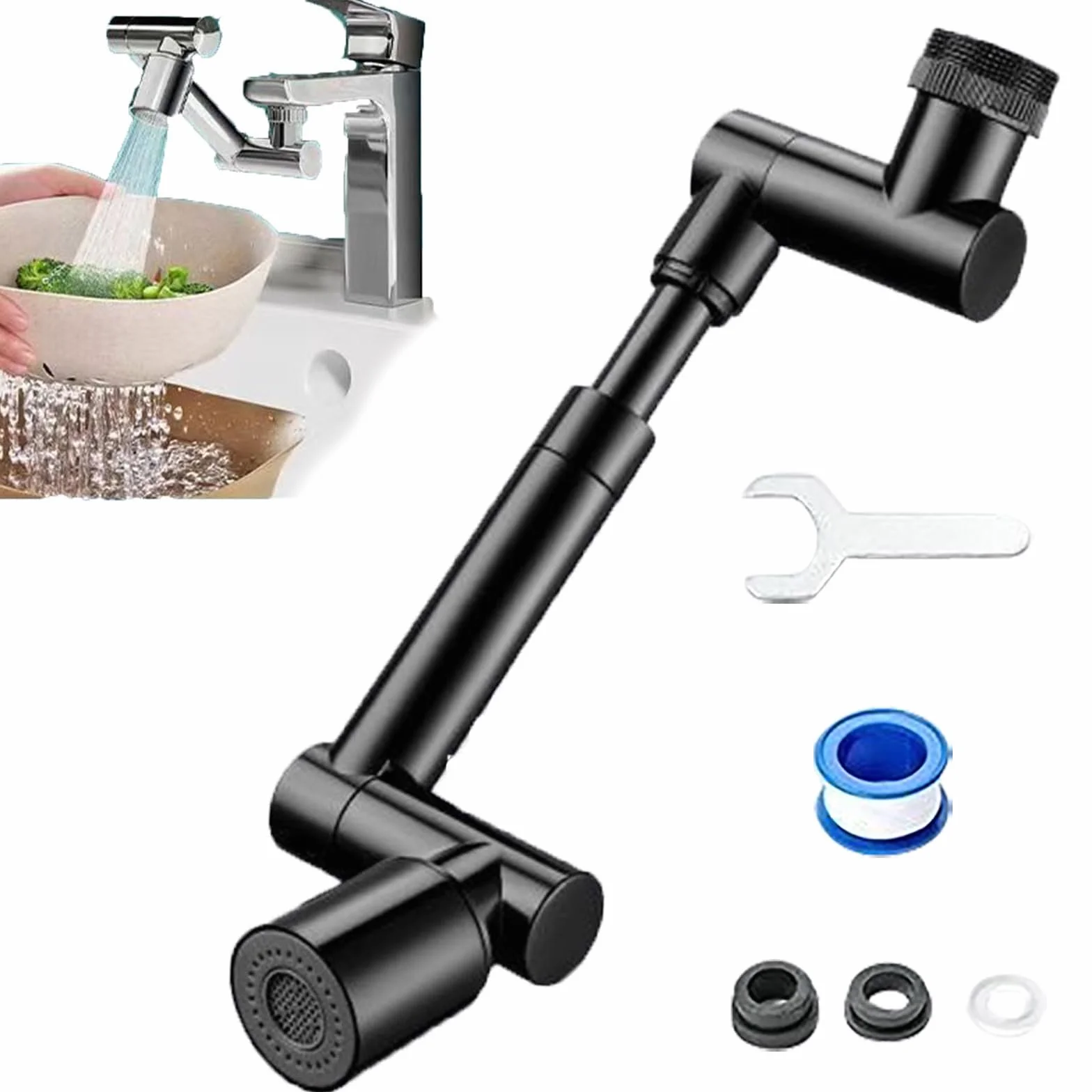 Extension de robinet rotative universel à bras robotique, double mode, noir pour cuisine et salle de bain
