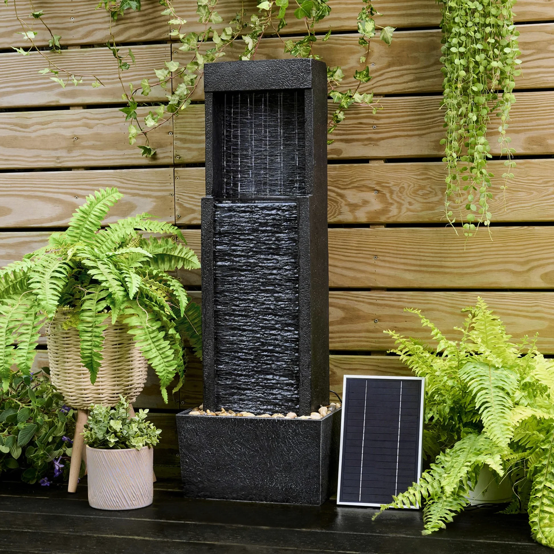 Fontaine extérieure Solaire Athena Teamson Home, Cascade Moderne avec éclairage LED, décoration Jardin, Noire