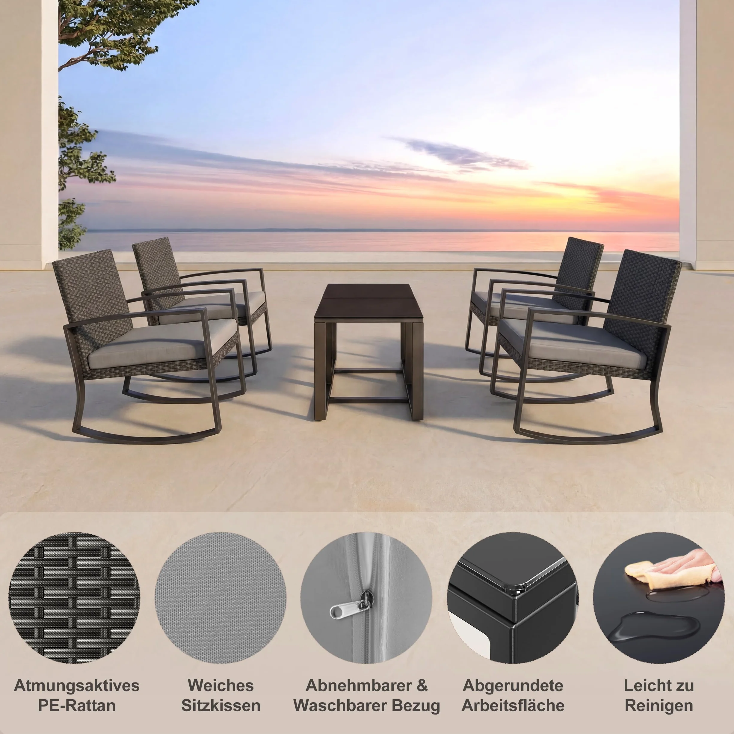 Bealife Ensemble Salon de Jardin 3 pièces Fauteuils à Bascule Table Basse Poly Rotin Coussins Gris