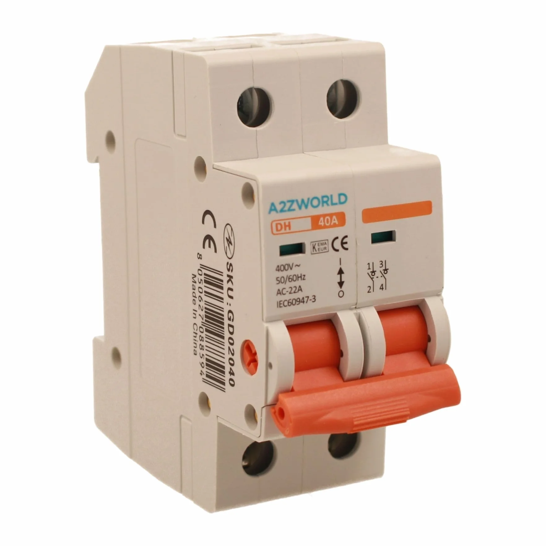 Disjoncteur modulaire 40A 2P bipolaire 2 modules DIN 220V AC IP20 IEC60947-3